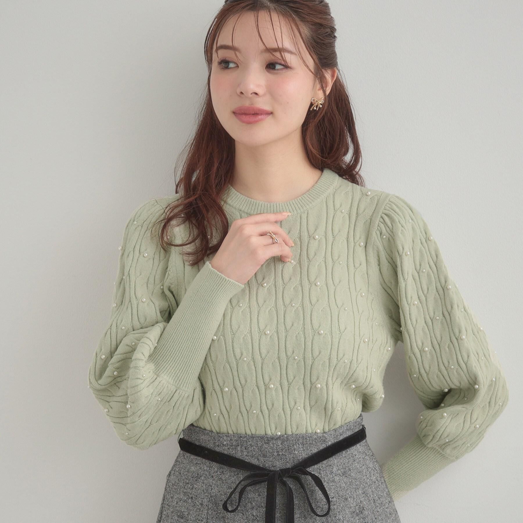 Couture broach「【華やぎ・一枚で着映え】ケーブルパール調ニット」|ニット・セーター|ライトグリーン(02