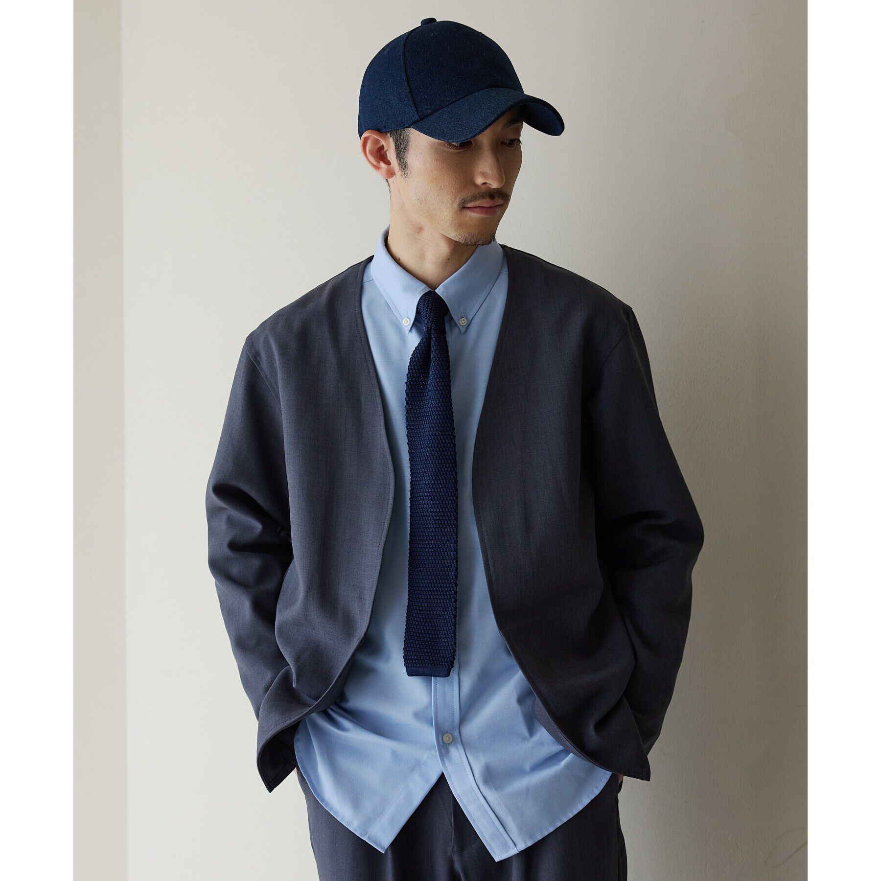 THE SHOP TK「【CAVIAN/キャビアン】リサイクルシャークスキンノーカラーカーディガン セットアップ可」|カーディガン|ブルー(093)