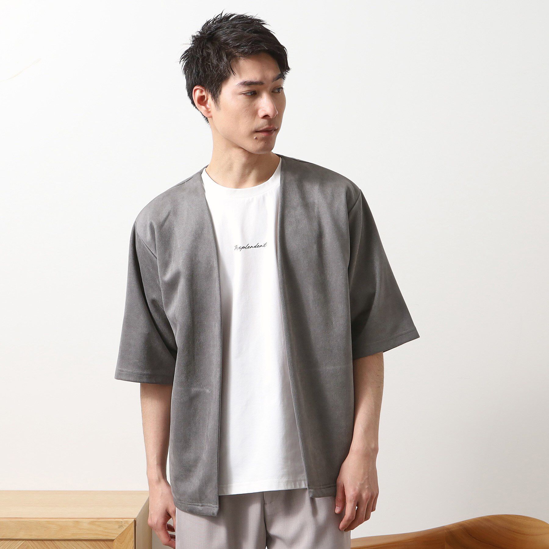 THE SHOP TK「フェイクスウェードアンサンブルカーディガン【五分袖カーディガン＋半袖Tシャツセットアイテム】」|カーディガン|グレー(012)