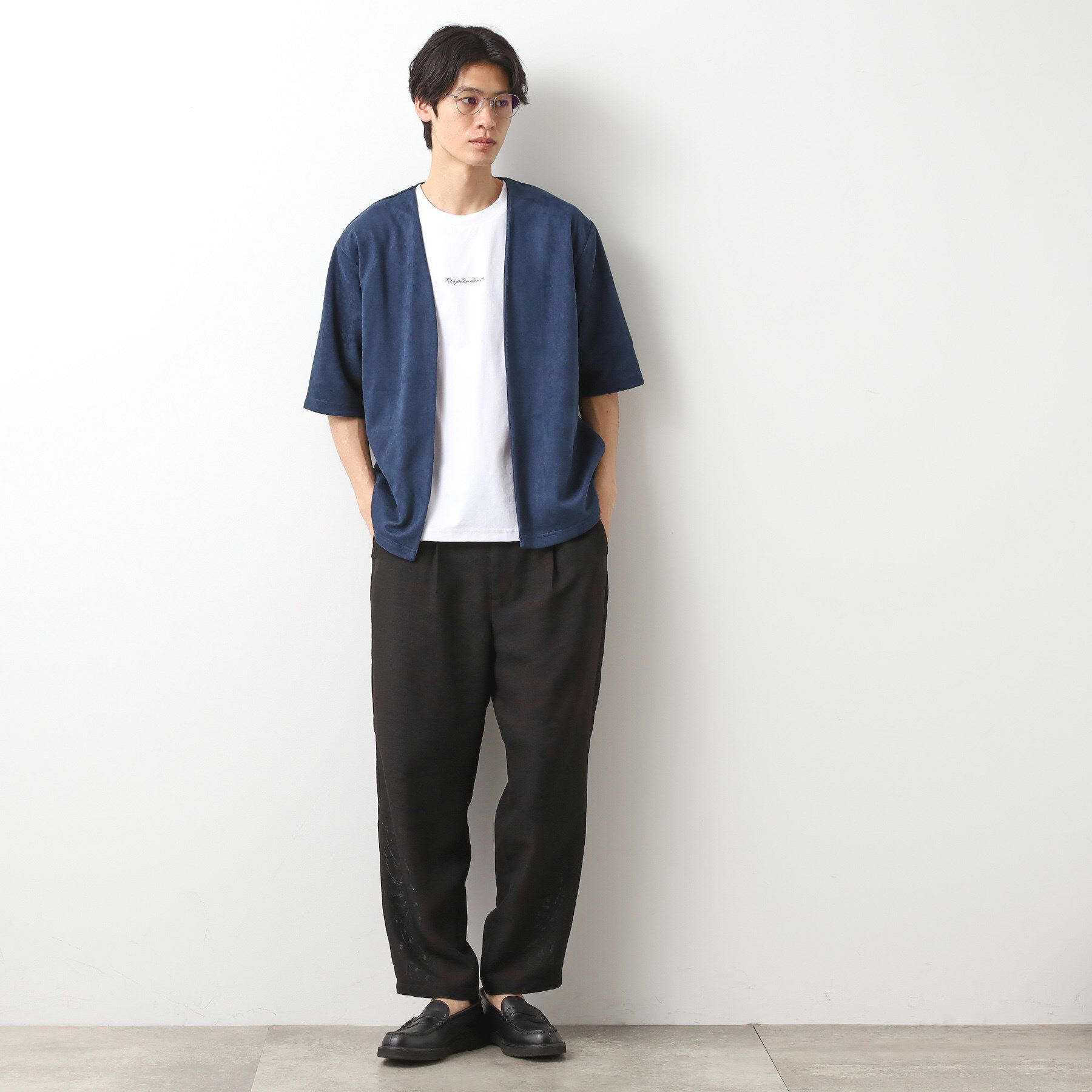 THE SHOP TK「フェイクスウェードアンサンブルカーディガン【五分袖カーディガン＋半袖Tシャツセットアイテム】」|カーディガン|