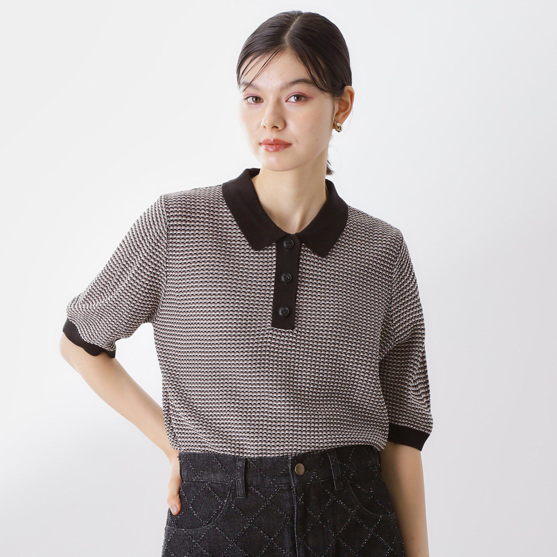 THE SHOP TK「柄アソートポロニットシャツ【洗濯機OK】」|ニット・セーター|ブラック(419)