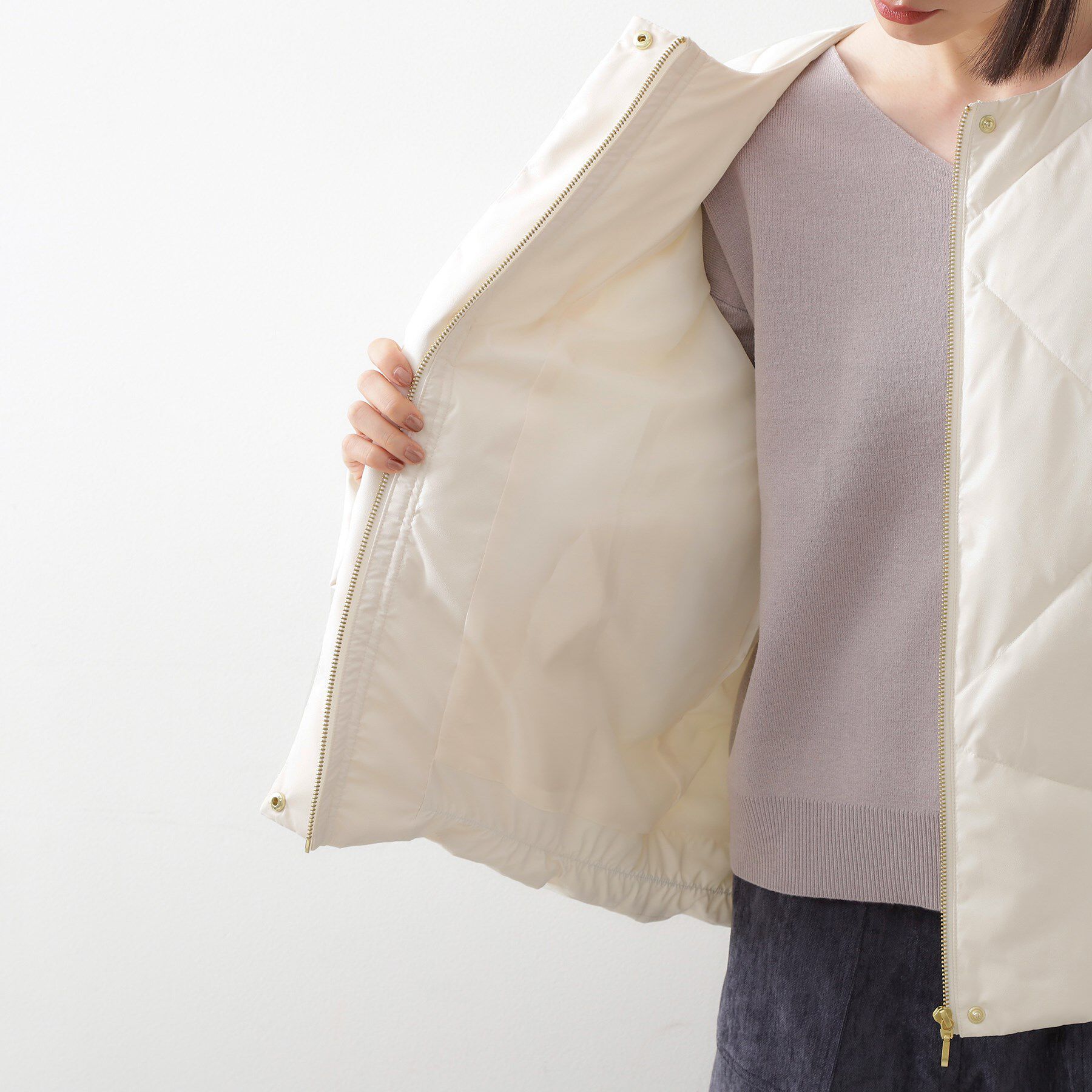 THE SHOP TK「きれいめにもカジュアルにも ノーカラーキルトジャケット」|ダウン|