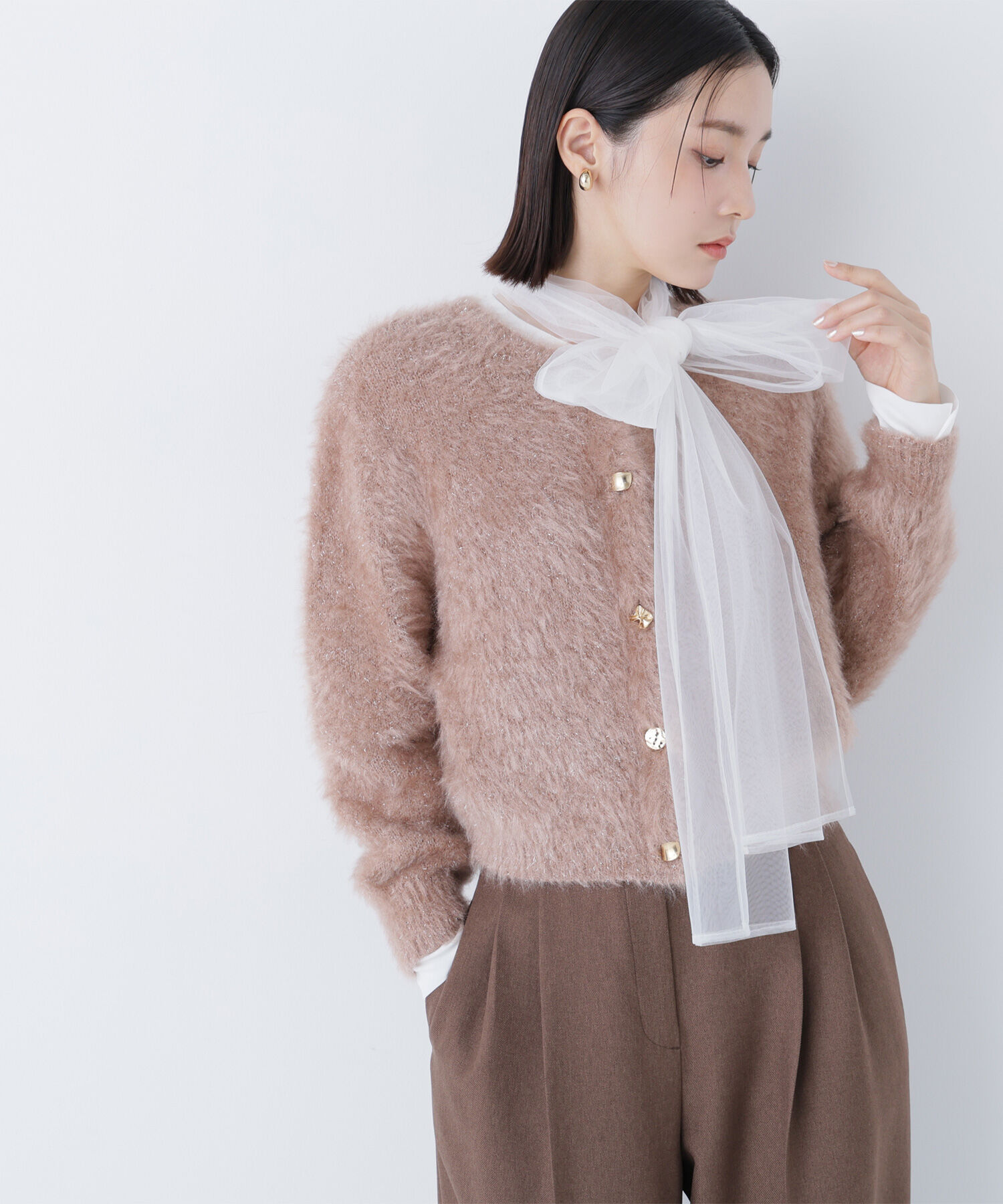  「デザインボタンラメシャギーカーディガン」|ニット・セーター|ピンク