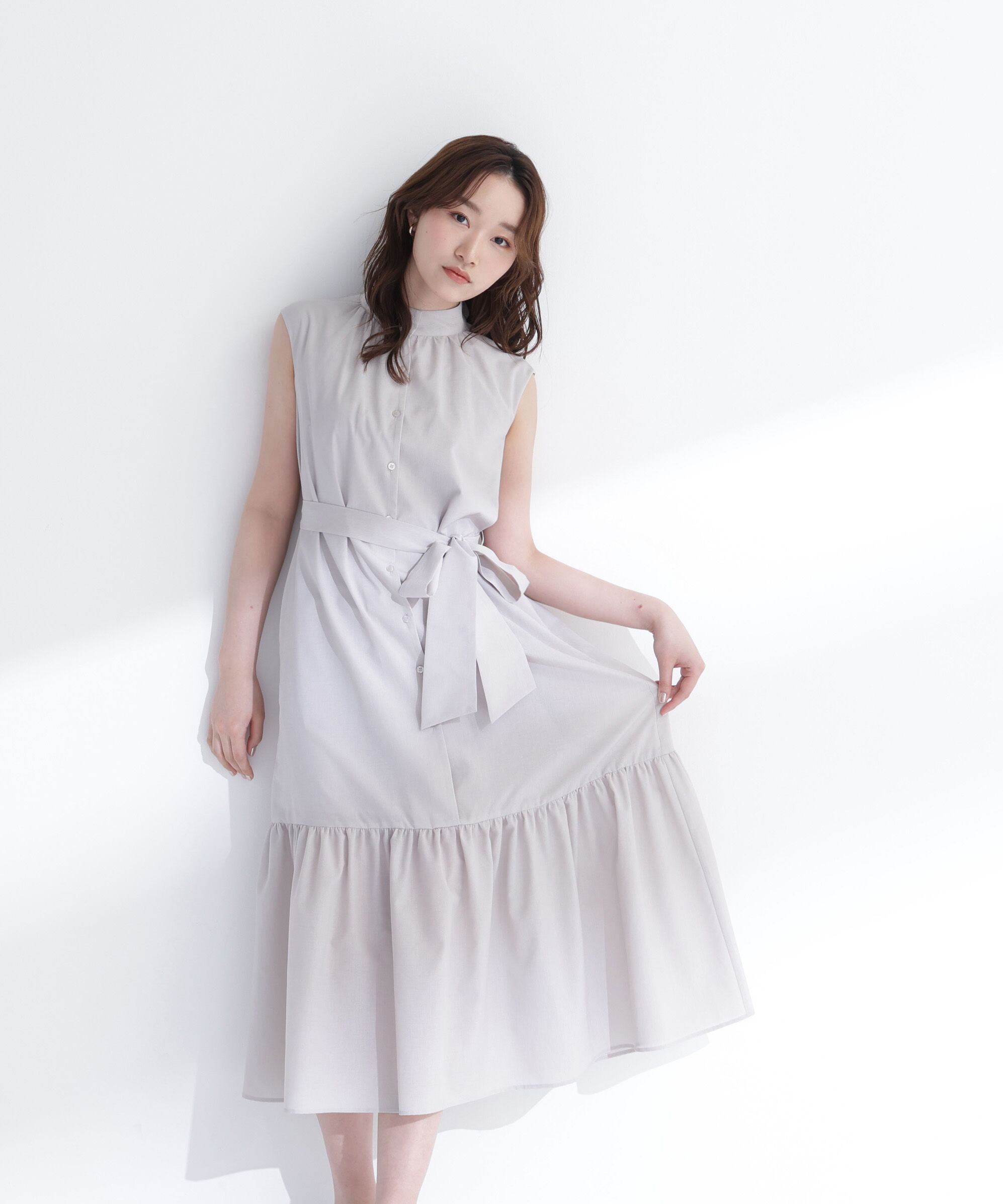  「ティアードベルテッドワンピース」|ワンピース|グレージュ3