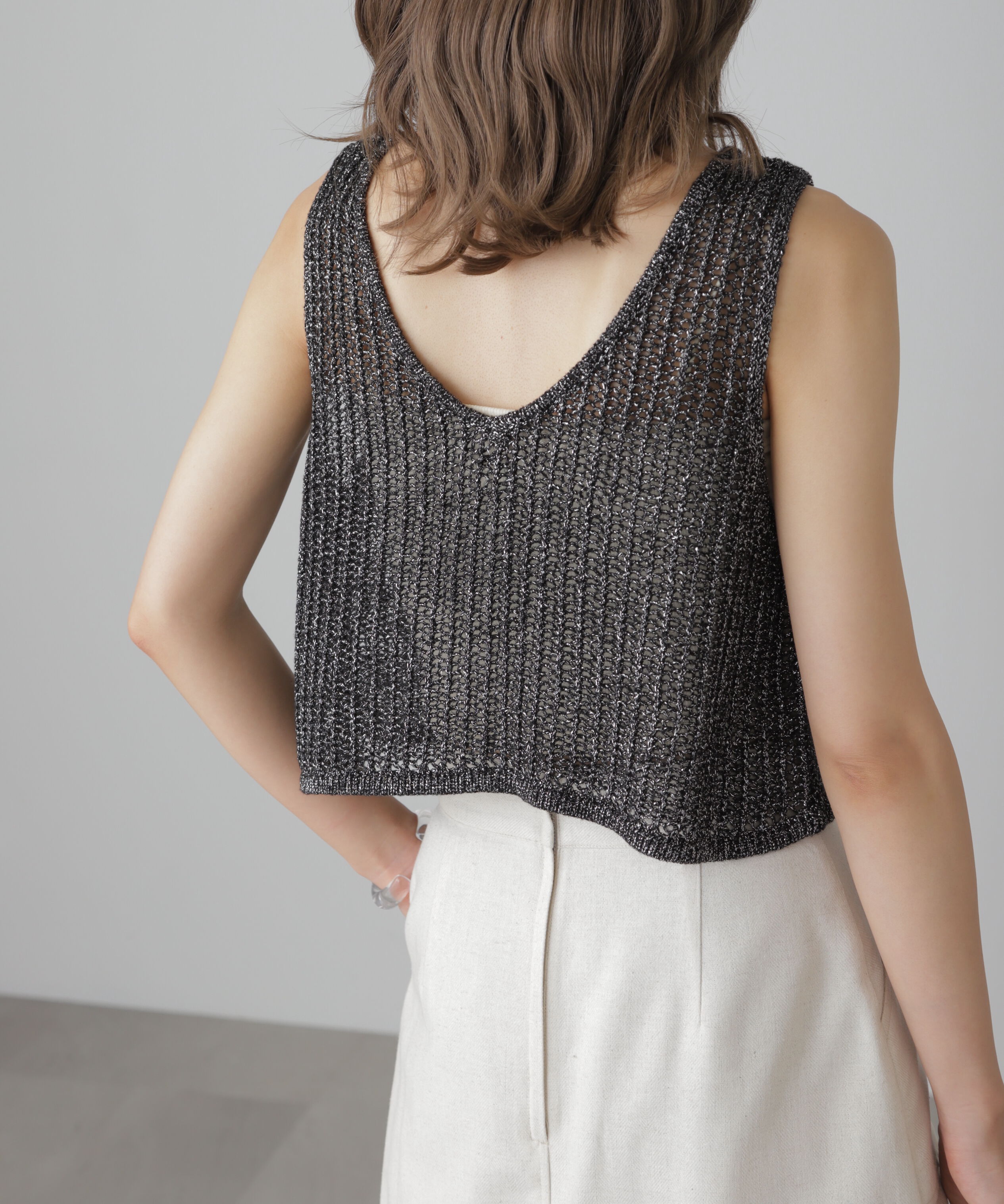  「前後2wayラメニットメッシュベスト」|ニット・セーター|