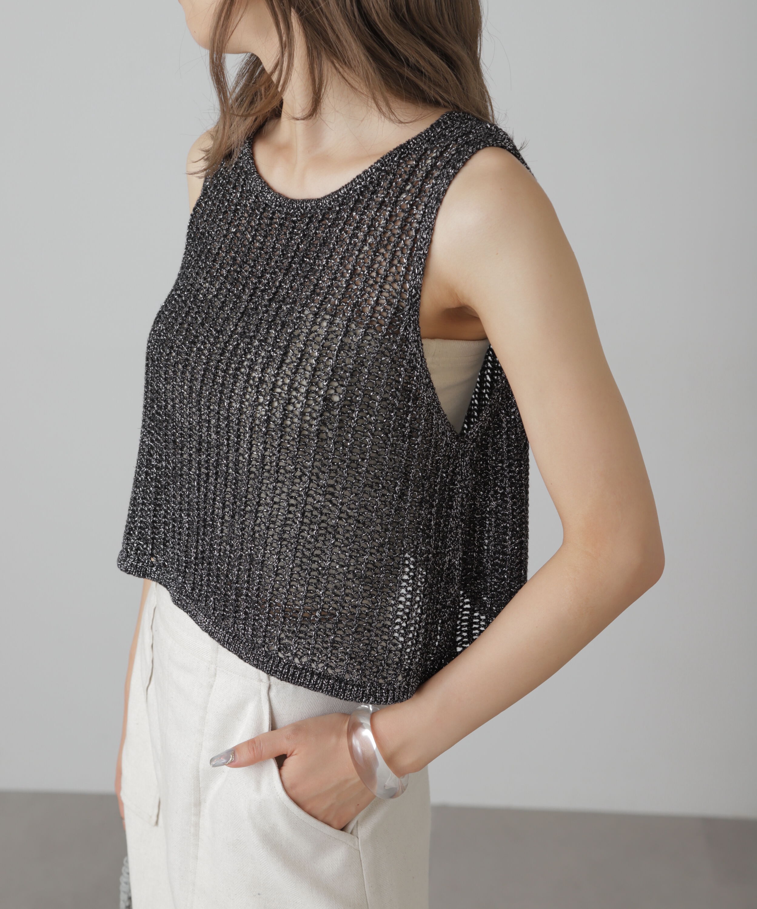  「前後2wayラメニットメッシュベスト」|ニット・セーター|
