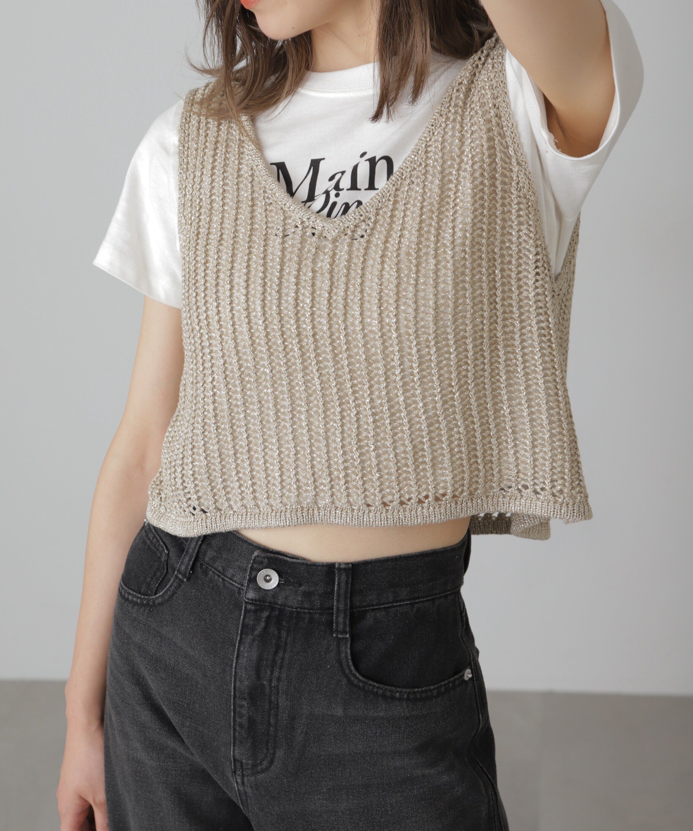  「前後2wayラメニットメッシュベスト」|ニット・セーター|