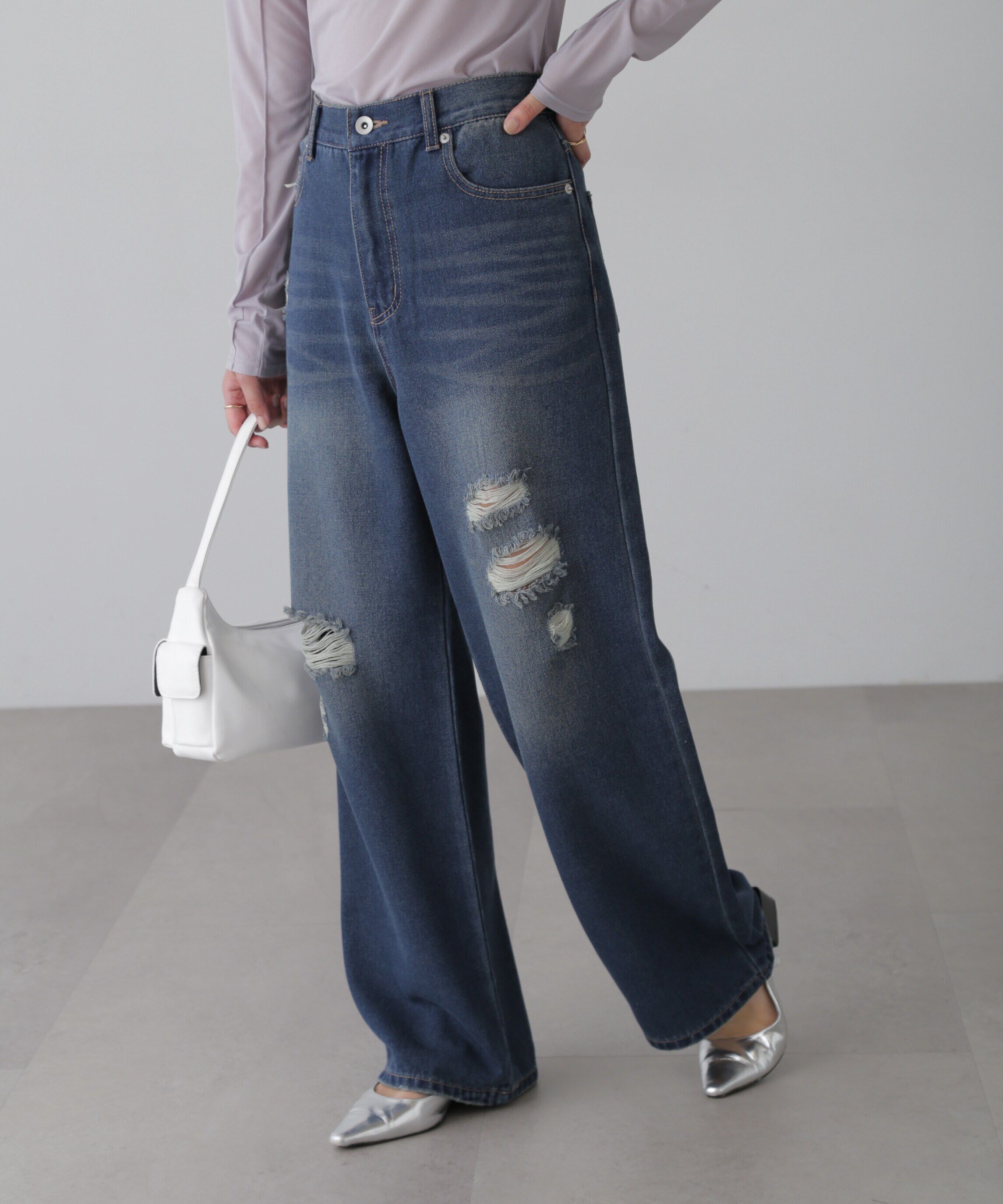  「ストレートワイドクラッシュデニムパンツ」|その他|