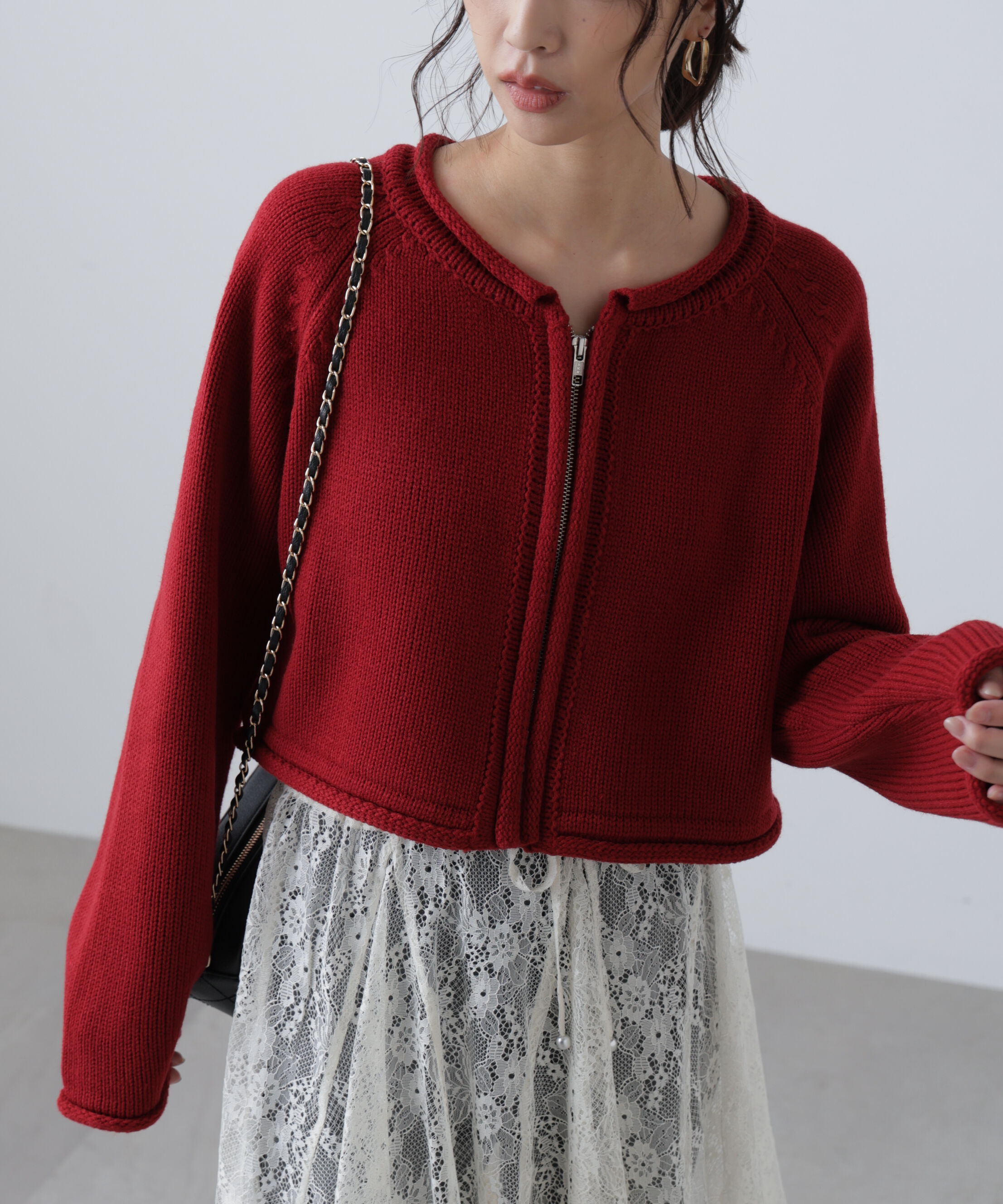  「ロールアップ短丈ジップカーディガン」|ニット・セーター|