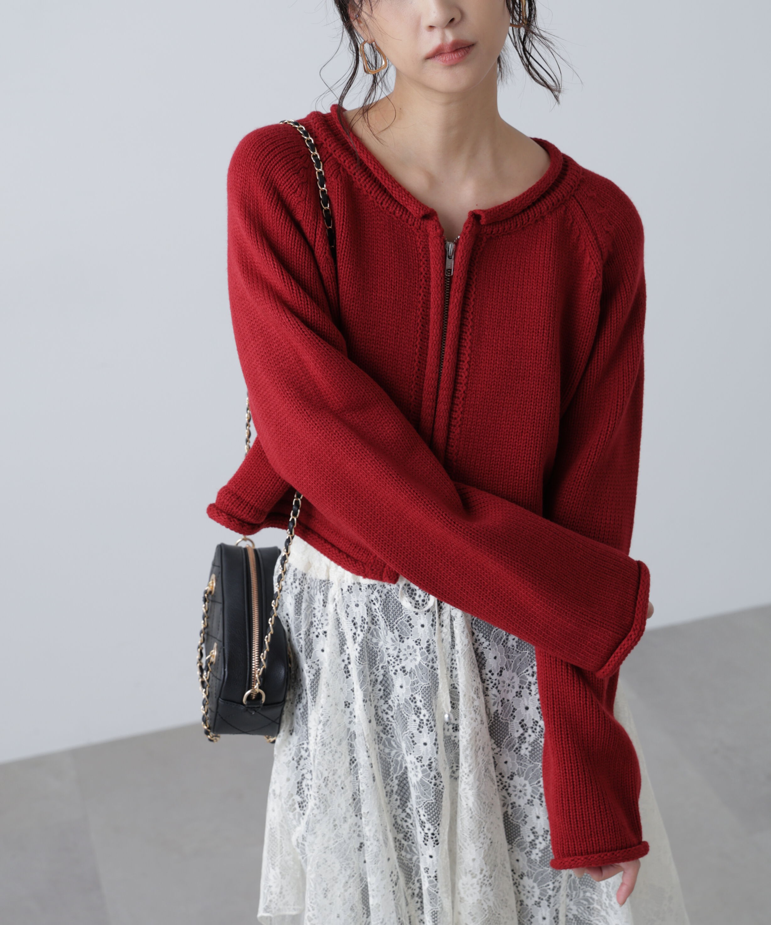  「ロールアップ短丈ジップカーディガン」|ニット・セーター|