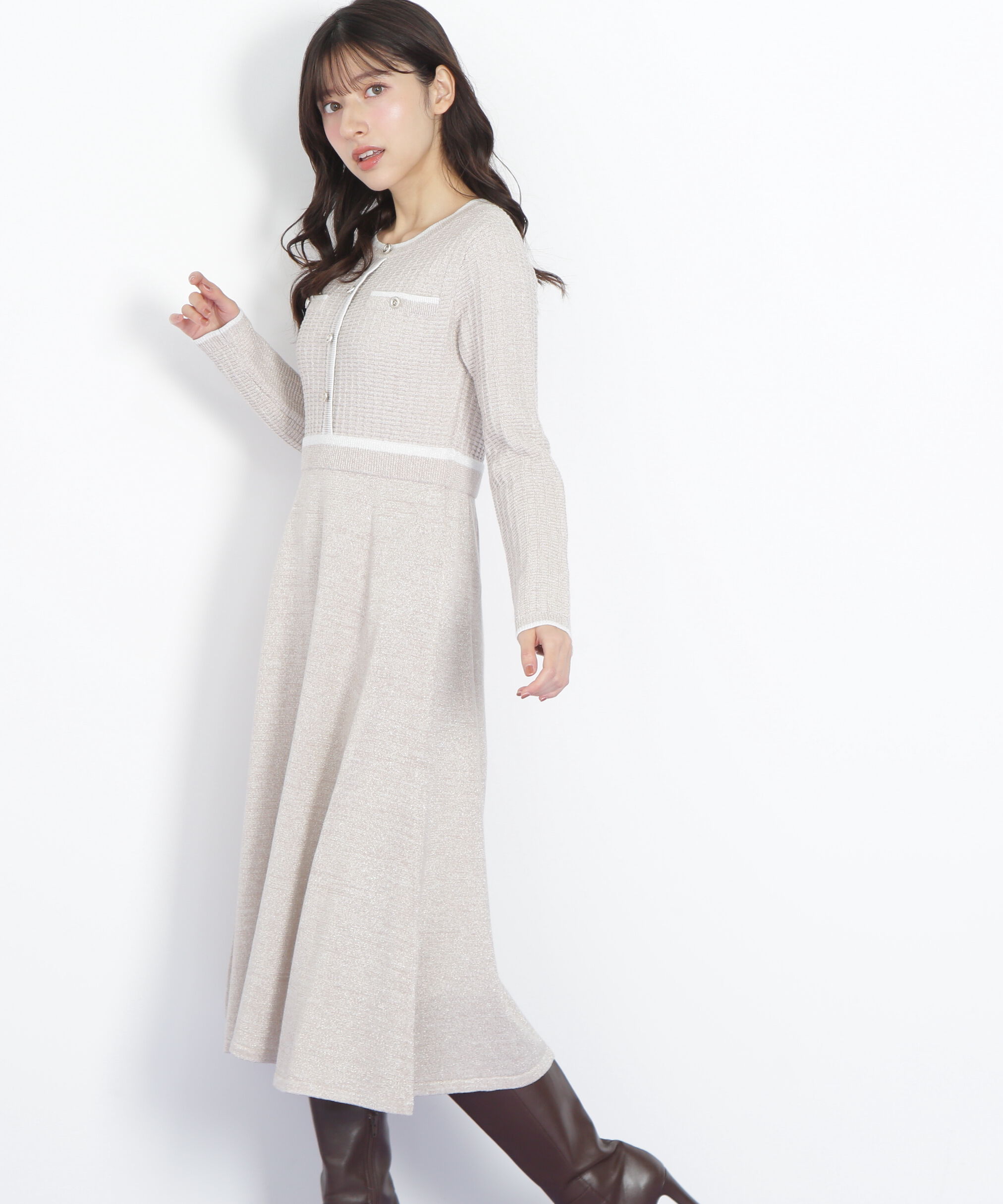  「ラメツイード配色ニットワンピース」|ワンピース|