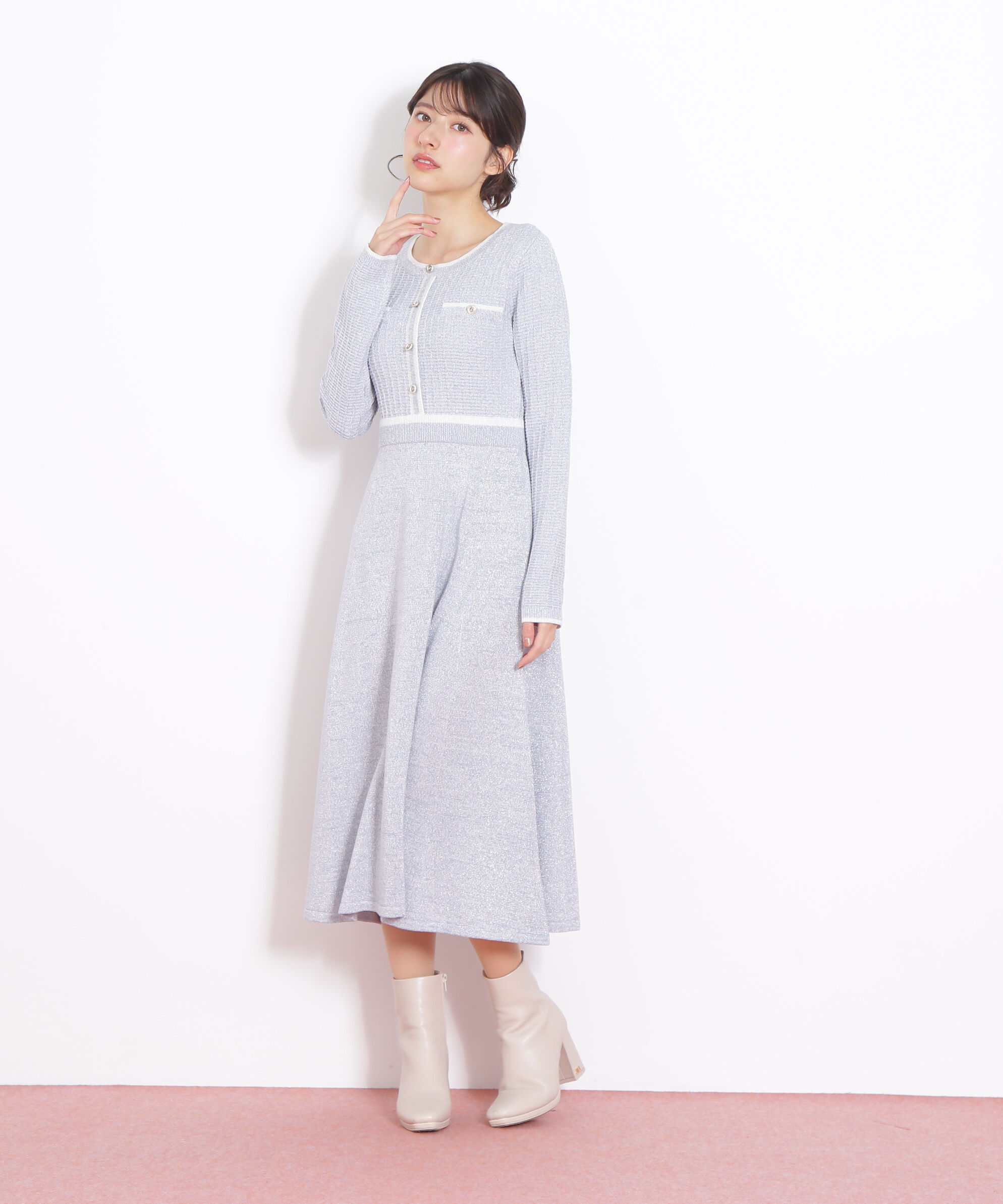  「ラメツイード配色ニットワンピース」|ワンピース|