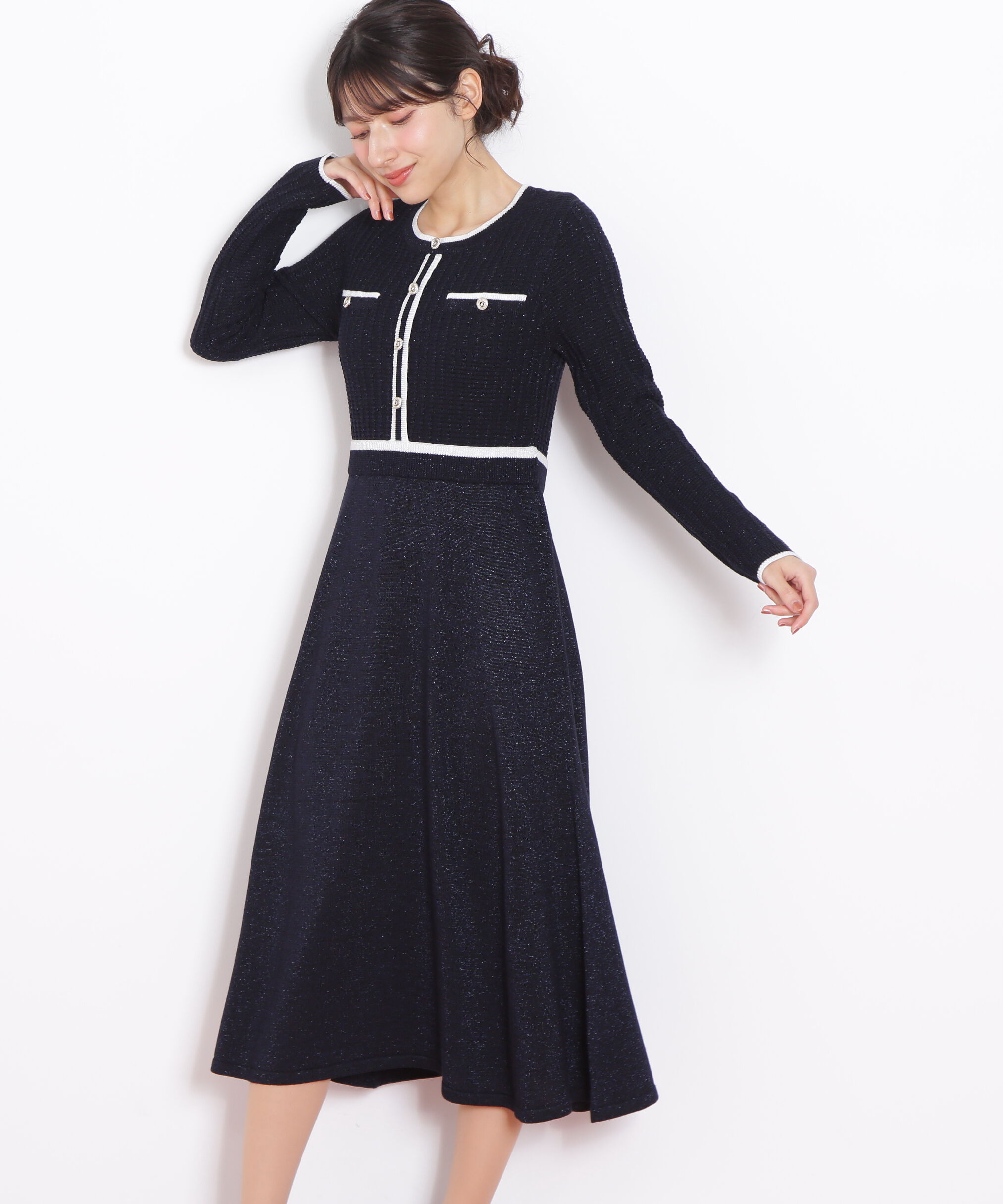  「ラメツイード配色ニットワンピース」|ワンピース|