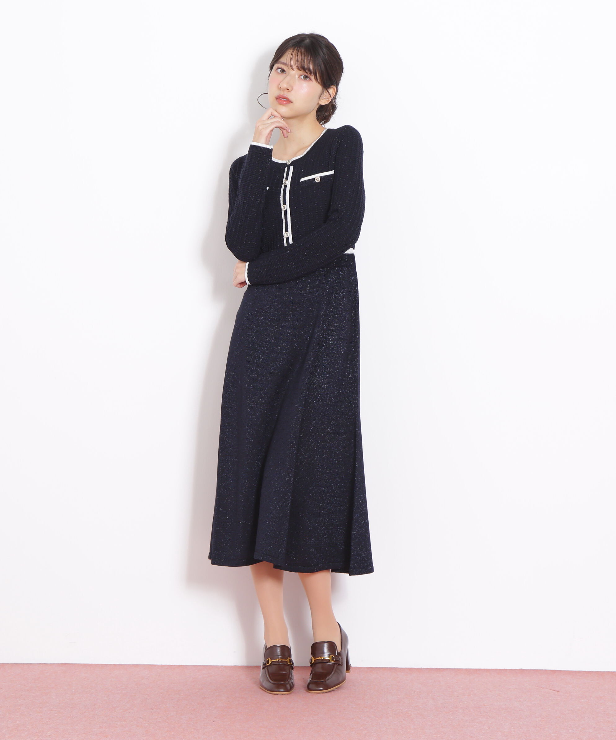  「ラメツイード配色ニットワンピース」|ワンピース|