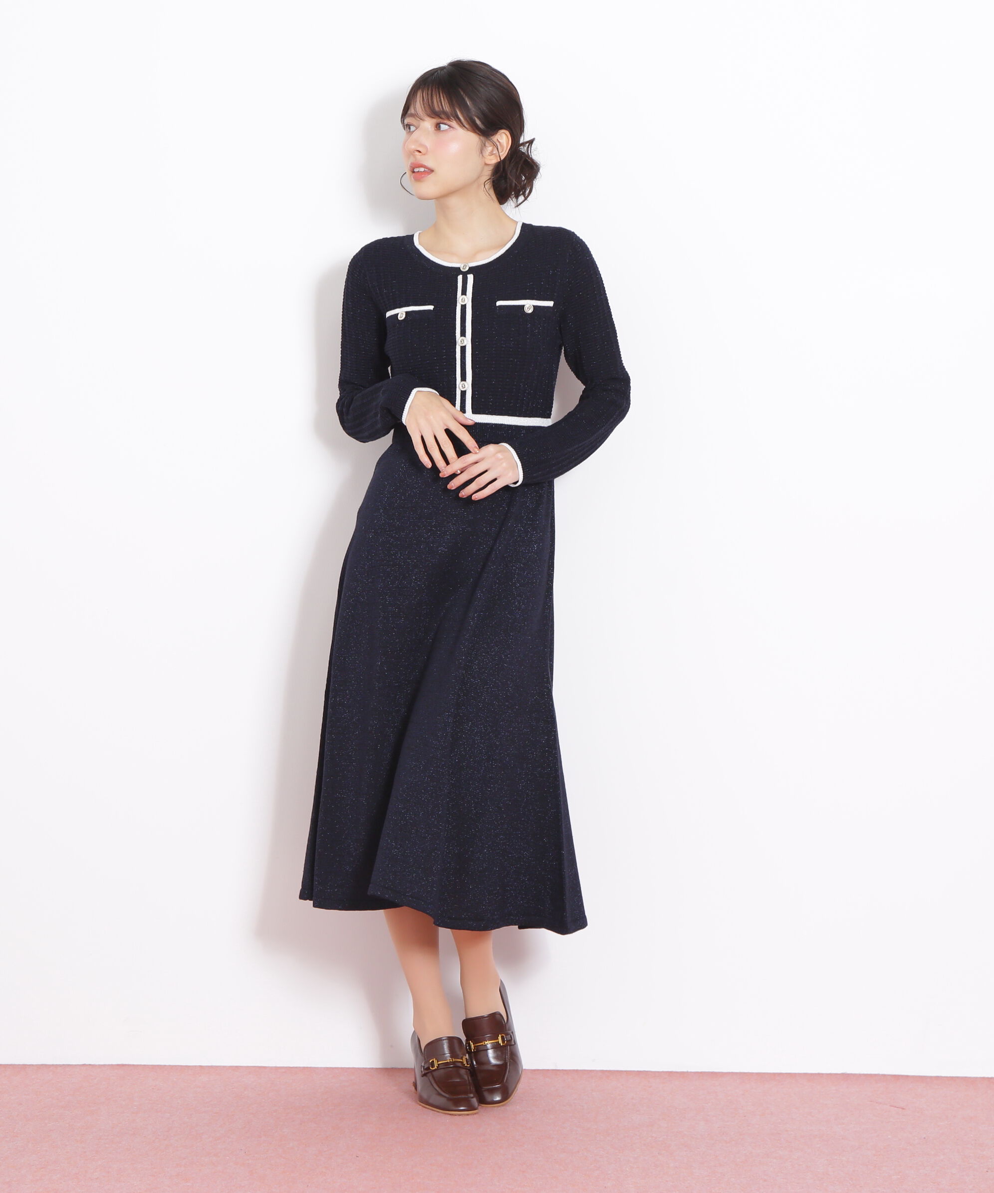  「ラメツイード配色ニットワンピース」|ワンピース|