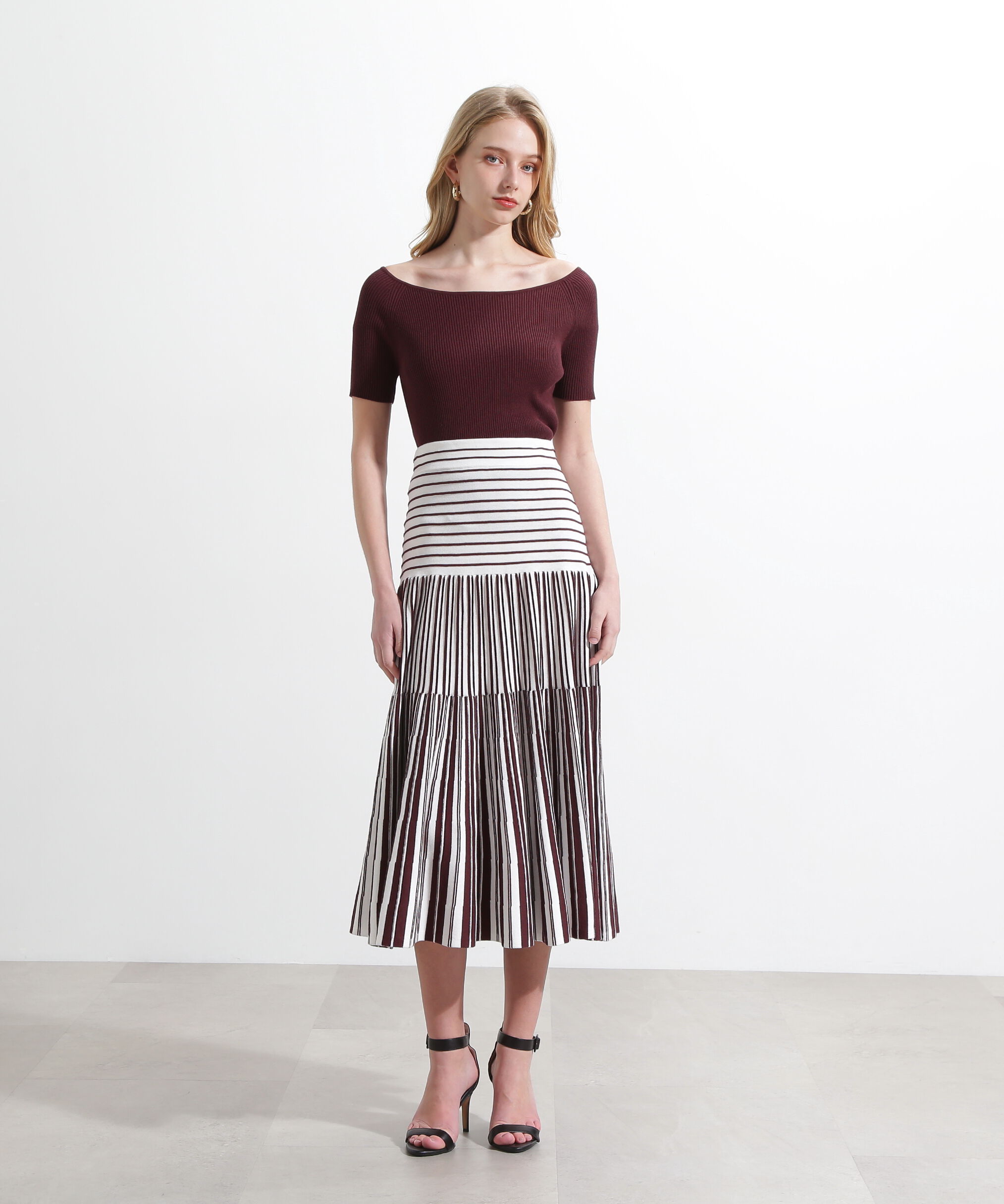  「バイカラーストライプフレアーニットスカート」|スカート|