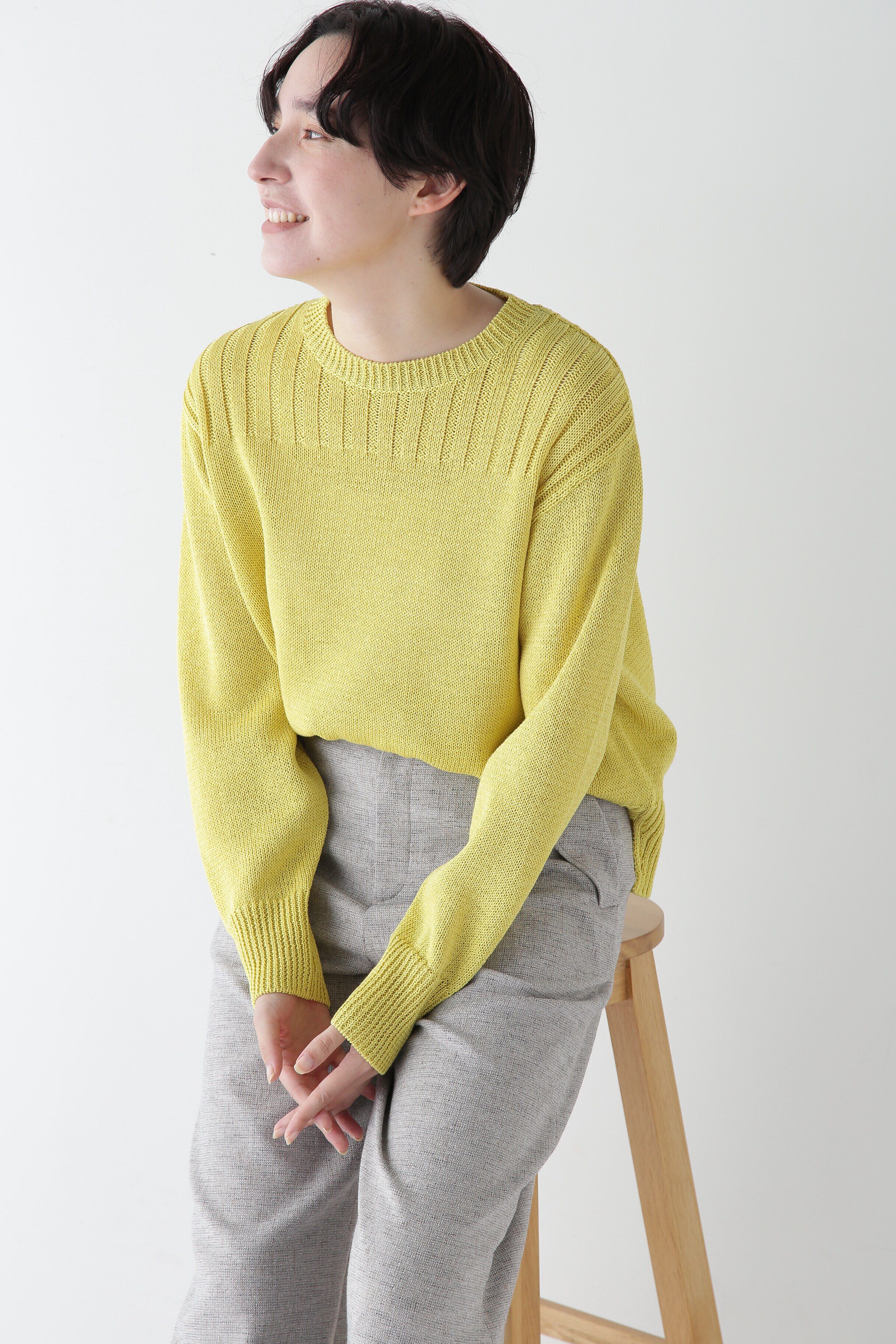  「◆【ウォッシャブル】ギマコットン編地コンビプルオーバー」|ニット・セーター|イエロー