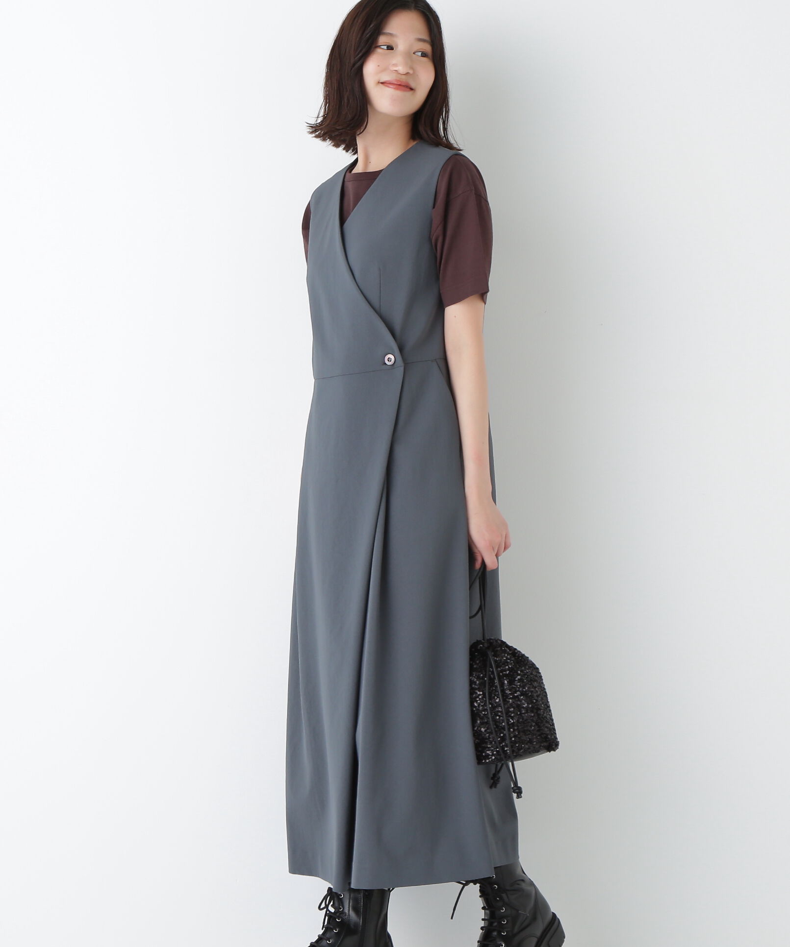  「◆Ｔ／ＴＡツイルラップ風ノースリーブワンピース」|ワンピース|グレー