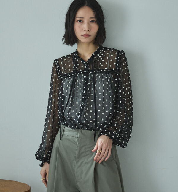 Doux archives「フラワー刺繍シアーブラウス」|シャツ・ブラウス|BLACK