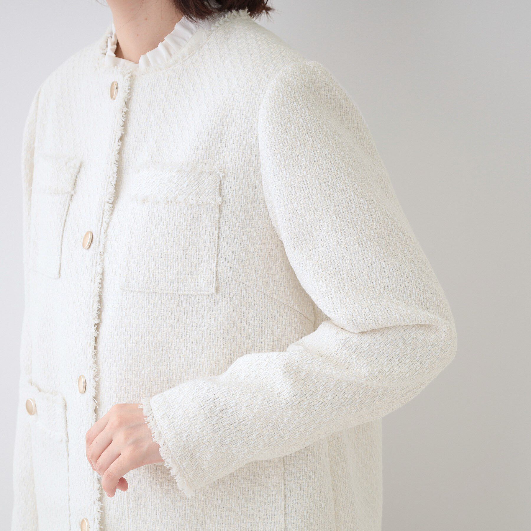 SHOO･LA･RUE「【S-3L/セレモニーからデイリーまで】フリンジツイードジャケット」|ノーカラージャケット|