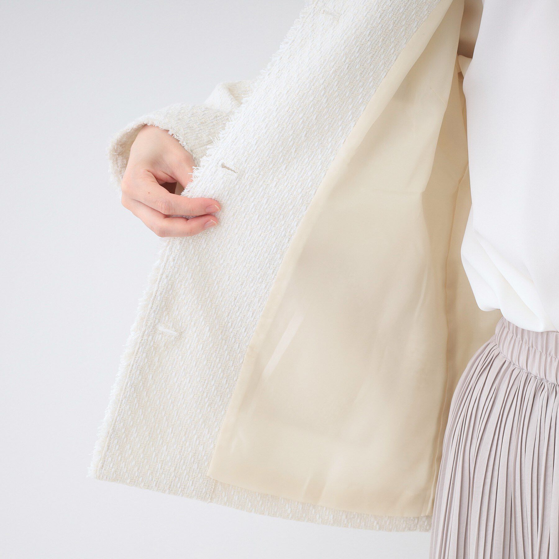 SHOO･LA･RUE「【S-3L/セレモニーからデイリーまで】フリンジツイードジャケット」|ノーカラージャケット|