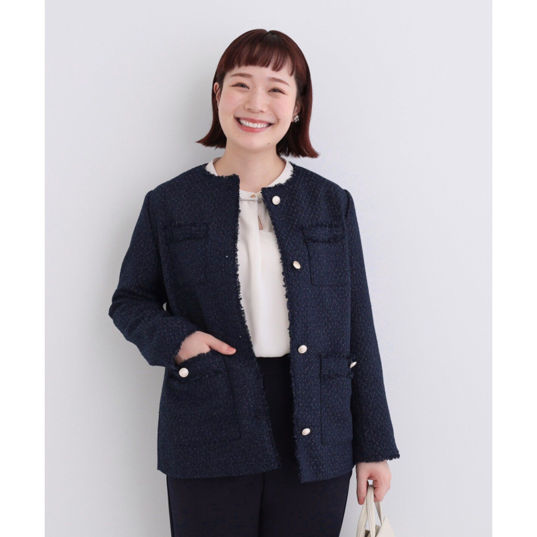 SHOO･LA･RUE「【S-3L/セレモニーからデイリーまで】フリンジツイードジャケット」|ノーカラージャケット|