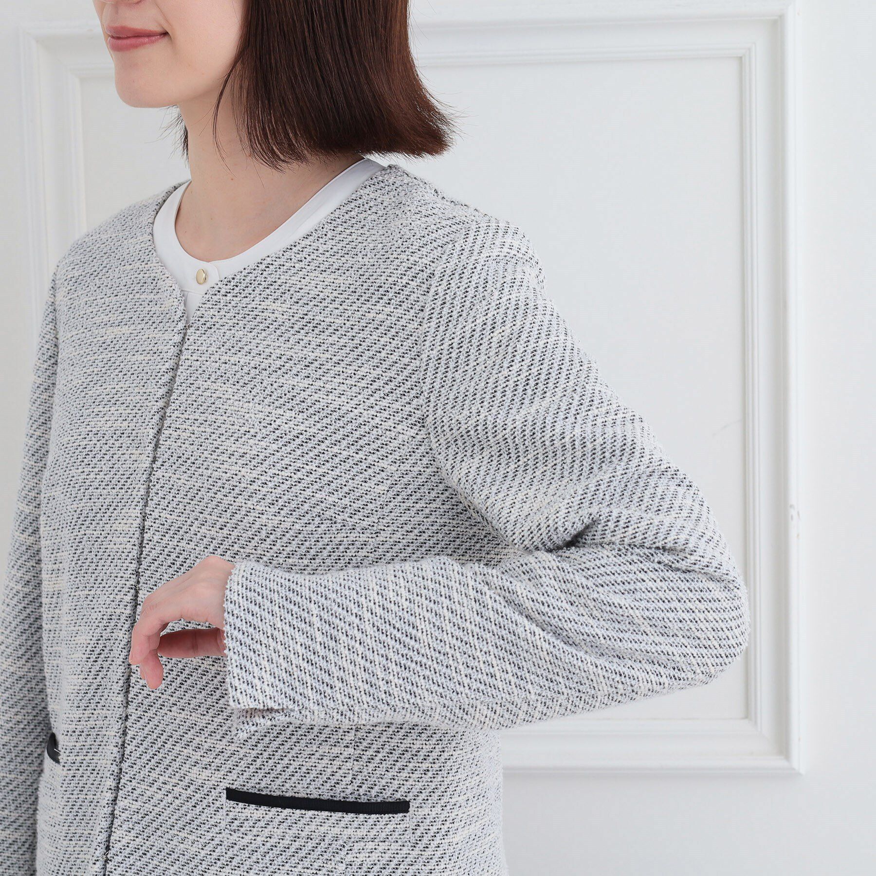 SHOO･LA･RUE「【S-3L】セレモニーからデイリーにも 軽くて柔らかくて着心地の良い カットツイードジャケット」|ノーカラージャケット|