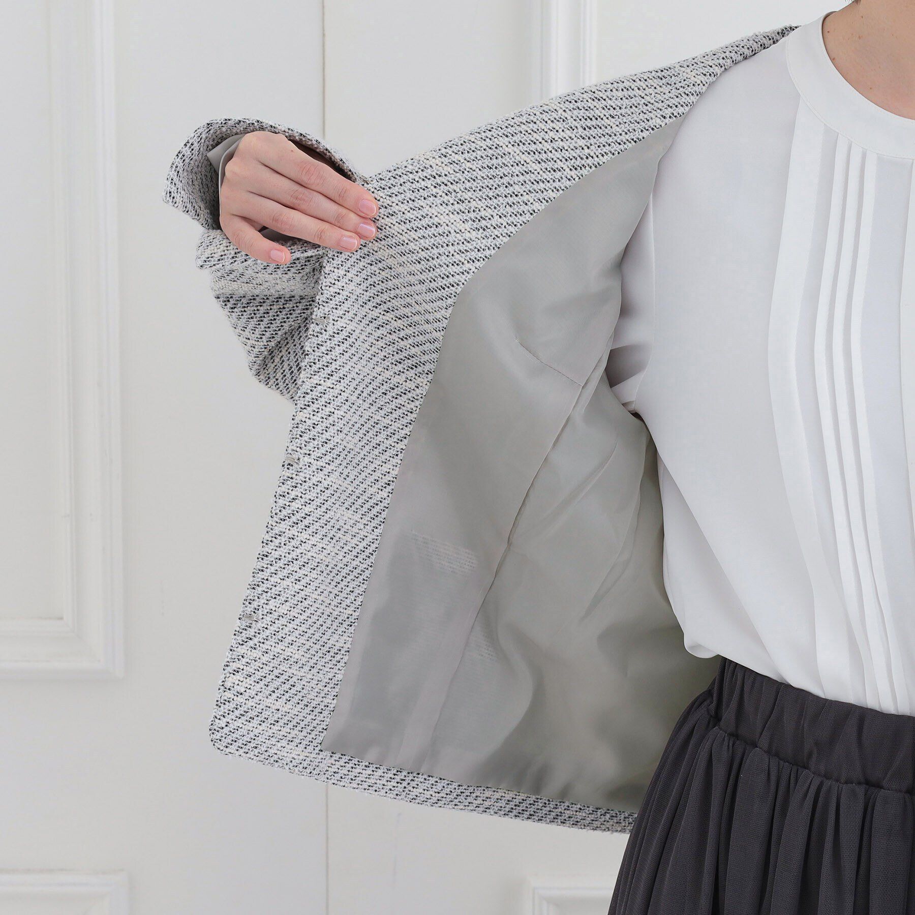 SHOO･LA･RUE「【S-3L】セレモニーからデイリーにも 軽くて柔らかくて着心地の良い カットツイードジャケット」|ノーカラージャケット|