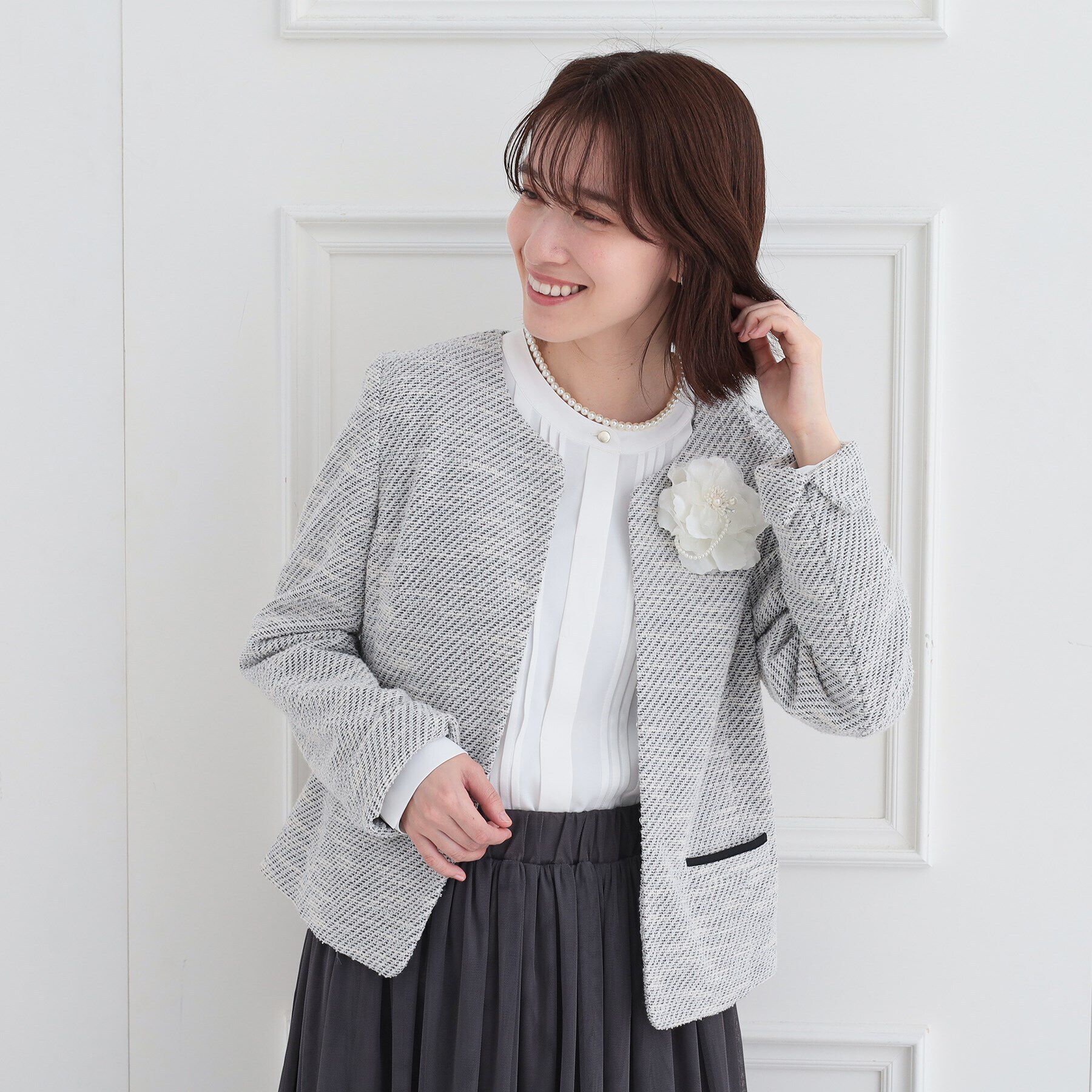 SHOO･LA･RUE「【S-3L】セレモニーからデイリーにも 軽くて柔らかくて着心地の良い カットツイードジャケット」|ノーカラージャケット|