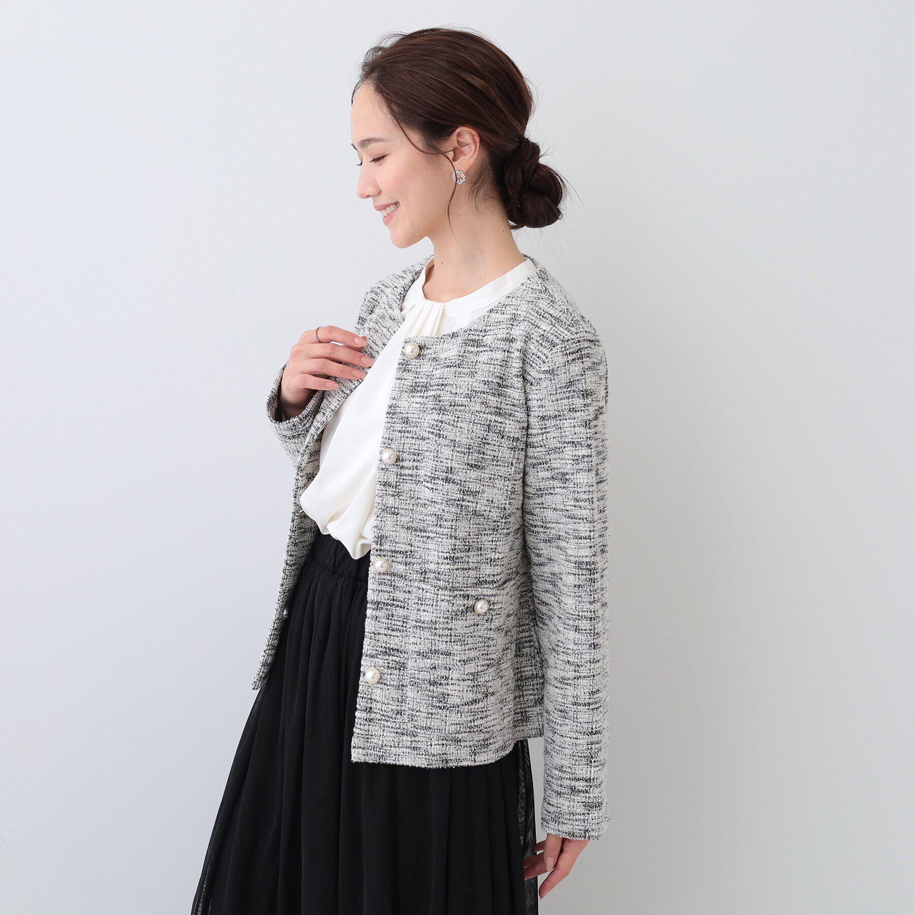 SHOO･LA･RUE「カットツイードジャケット」|ノーカラージャケット|