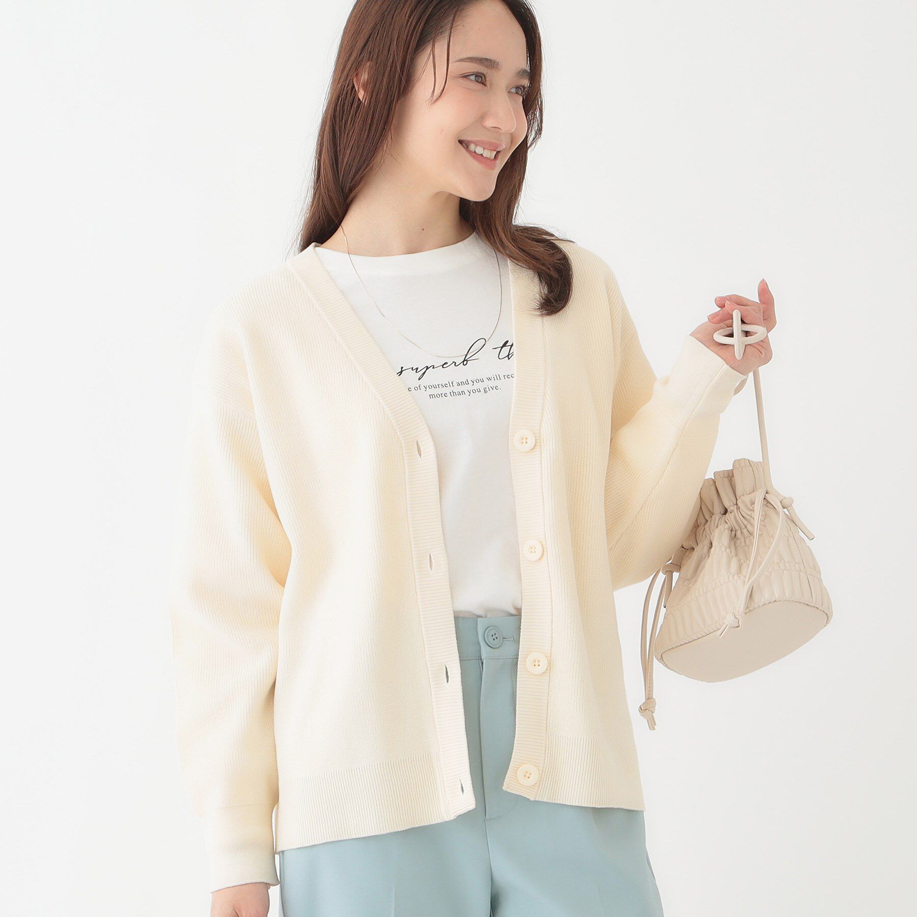 SHOO･LA･RUE「【洗える/S-LL】ドライタッチが心地よい 畦編みVネックカーディガン」|カーディガン|アイボリー(004)