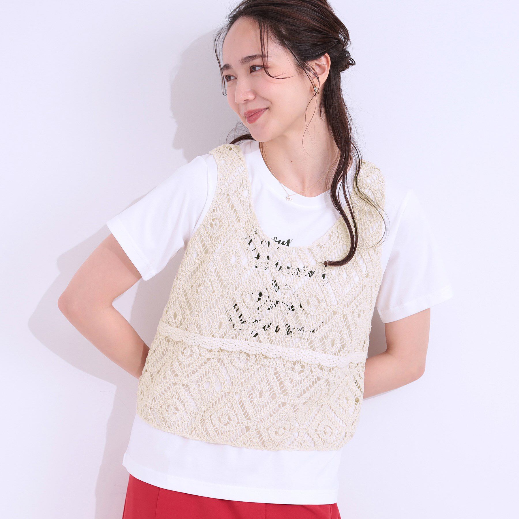 SHOO･LA･RUE「【S-LL/2点セット】大人カジュアルに レースビスチェ+プリントTシャツ」|その他|ライトベージュ(05