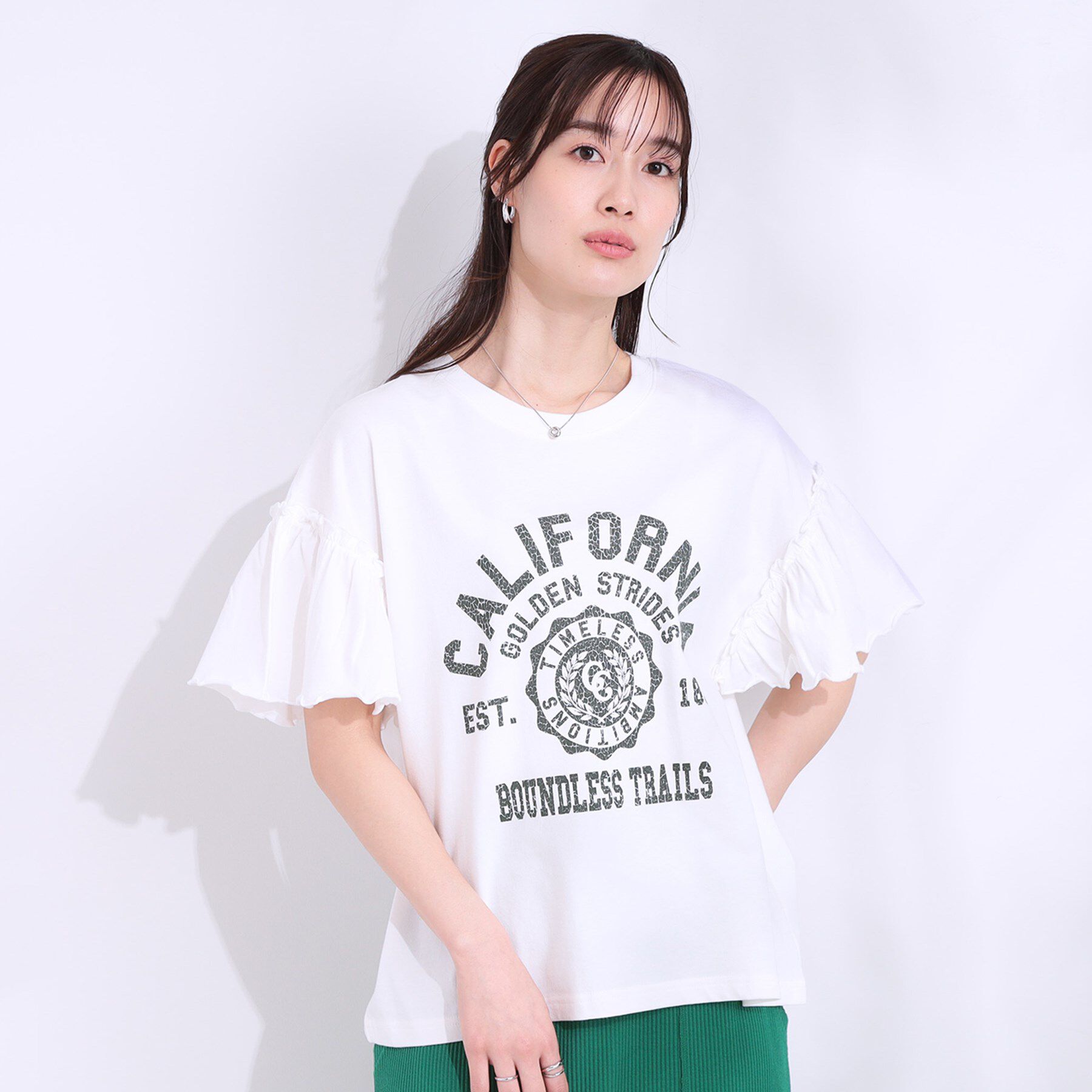 SHOO･LA･RUE「【洗える/S-LL】プリントアソート お袖フリルTシャツ」|Tシャツ・カットソー|