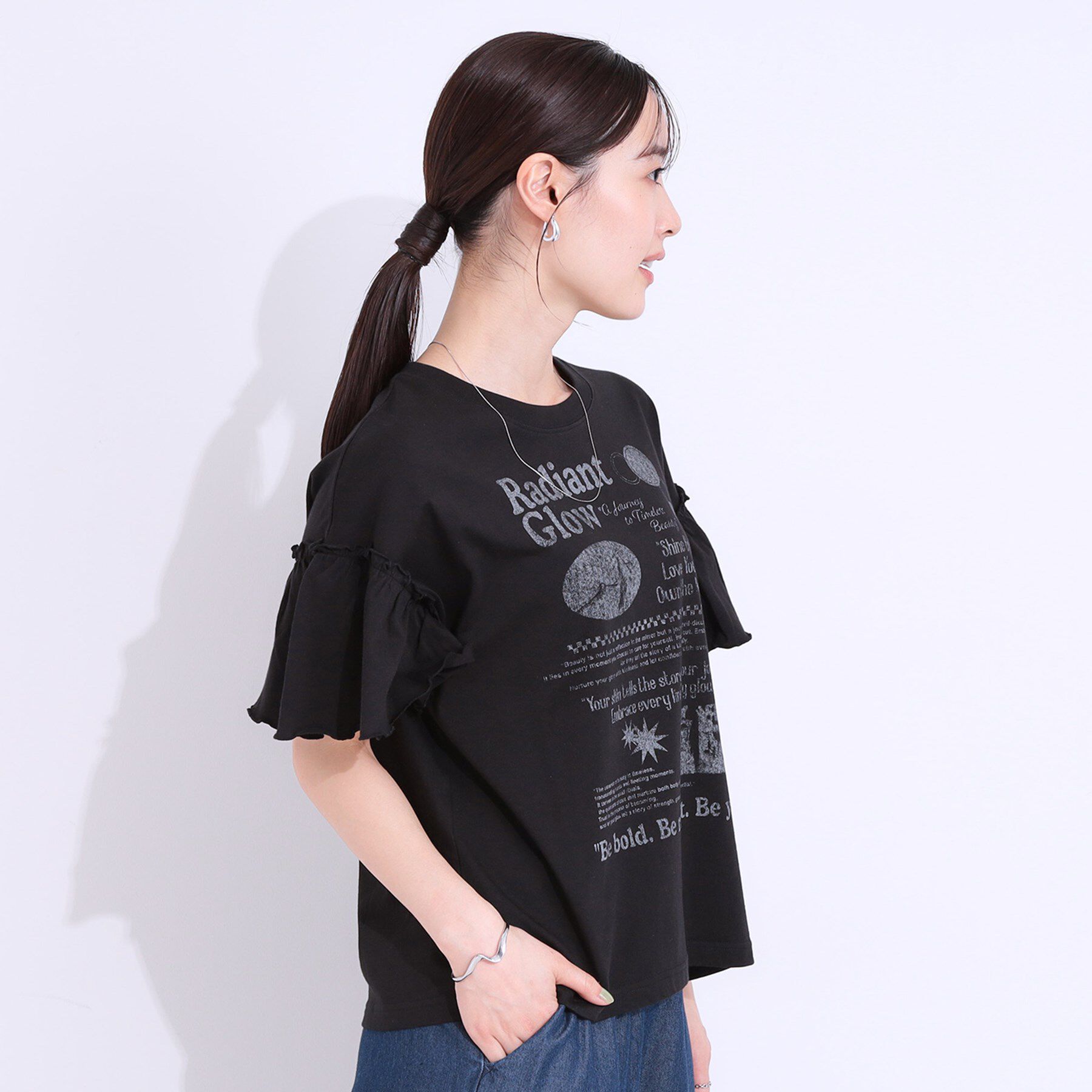 SHOO･LA･RUE「【洗える/S-LL】プリントアソート お袖フリルTシャツ」|Tシャツ・カットソー|