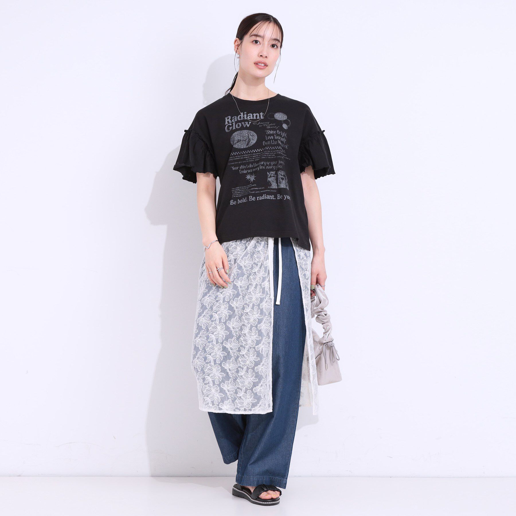 SHOO･LA･RUE「【洗える/S-LL】プリントアソート お袖フリルTシャツ」|Tシャツ・カットソー|