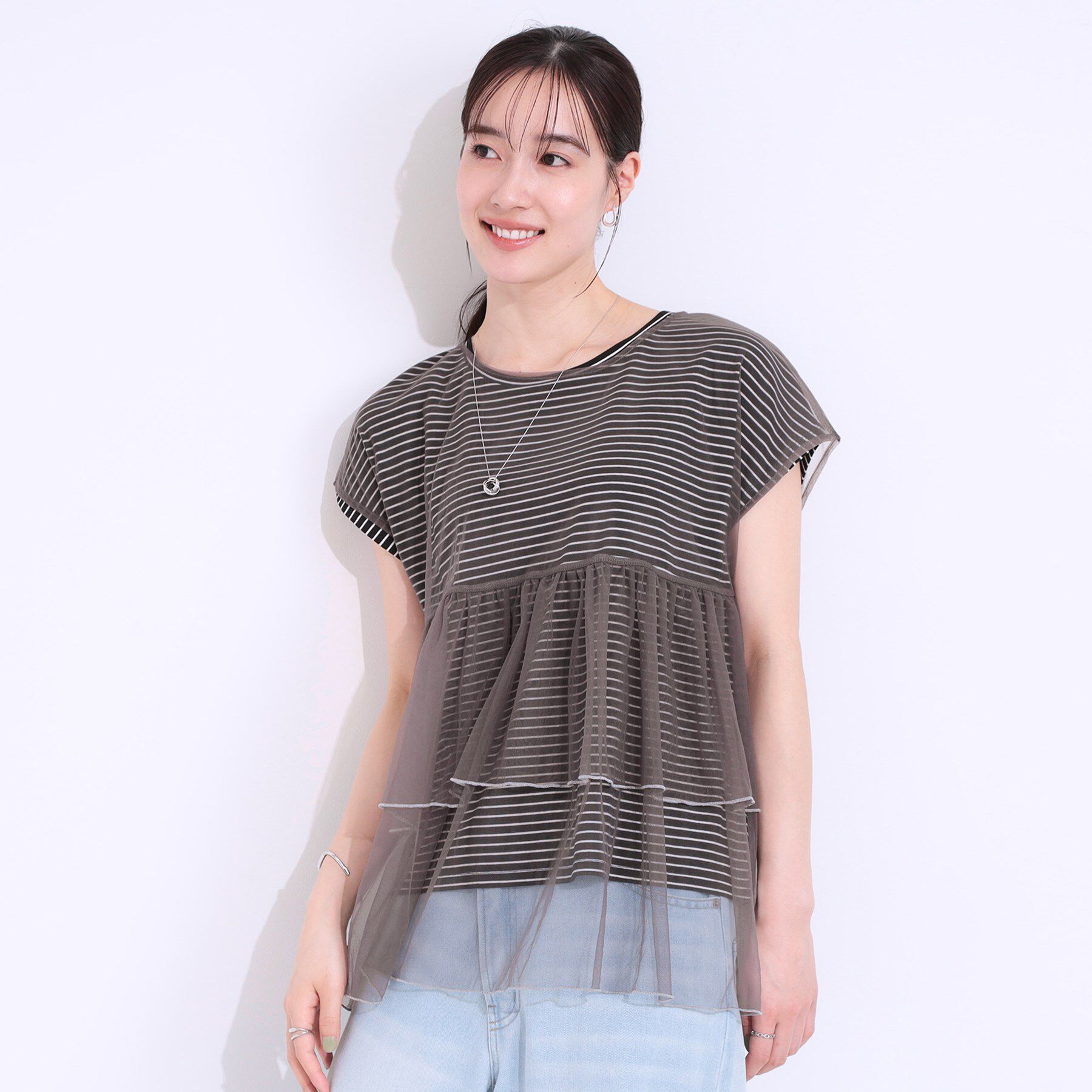 SHOO･LA･RUE「【S-LL/2点セット】程よい甘さをプラス Tシャツ＋チュールトップス」|Tシャツ・カットソー|