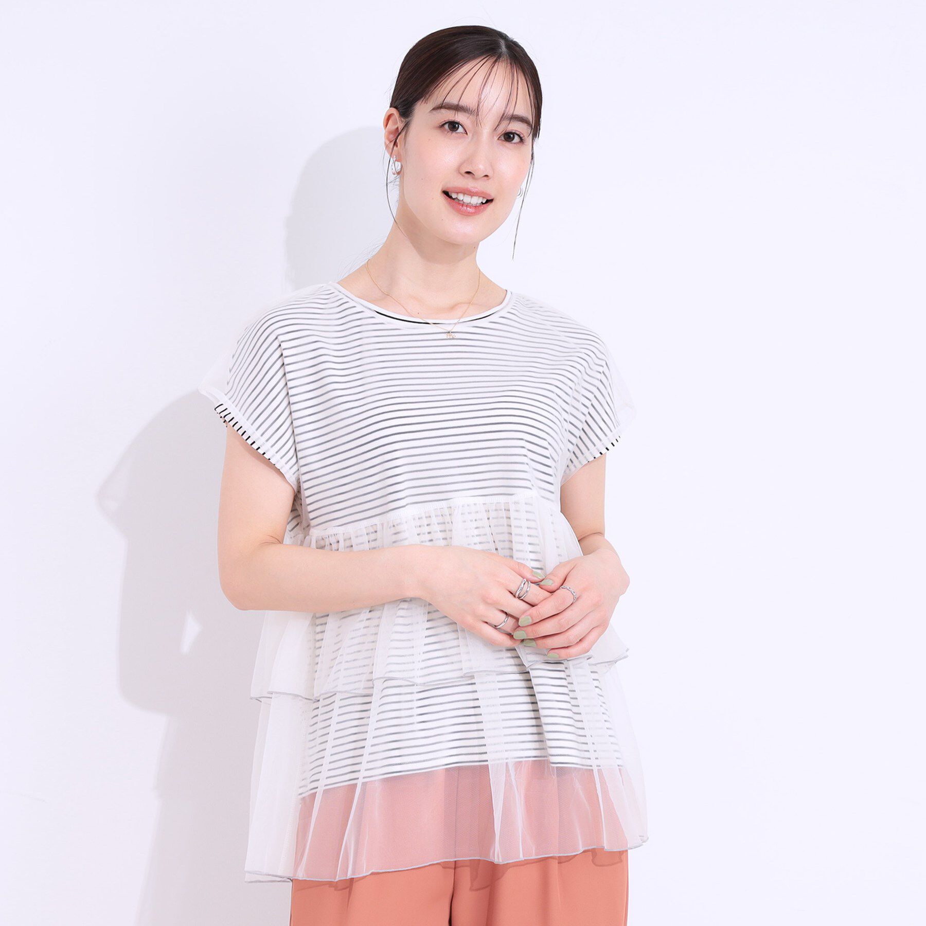 SHOO･LA･RUE「【S-LL/2点セット】程よい甘さをプラス Tシャツ＋チュールトップス」|Tシャツ・カットソー|