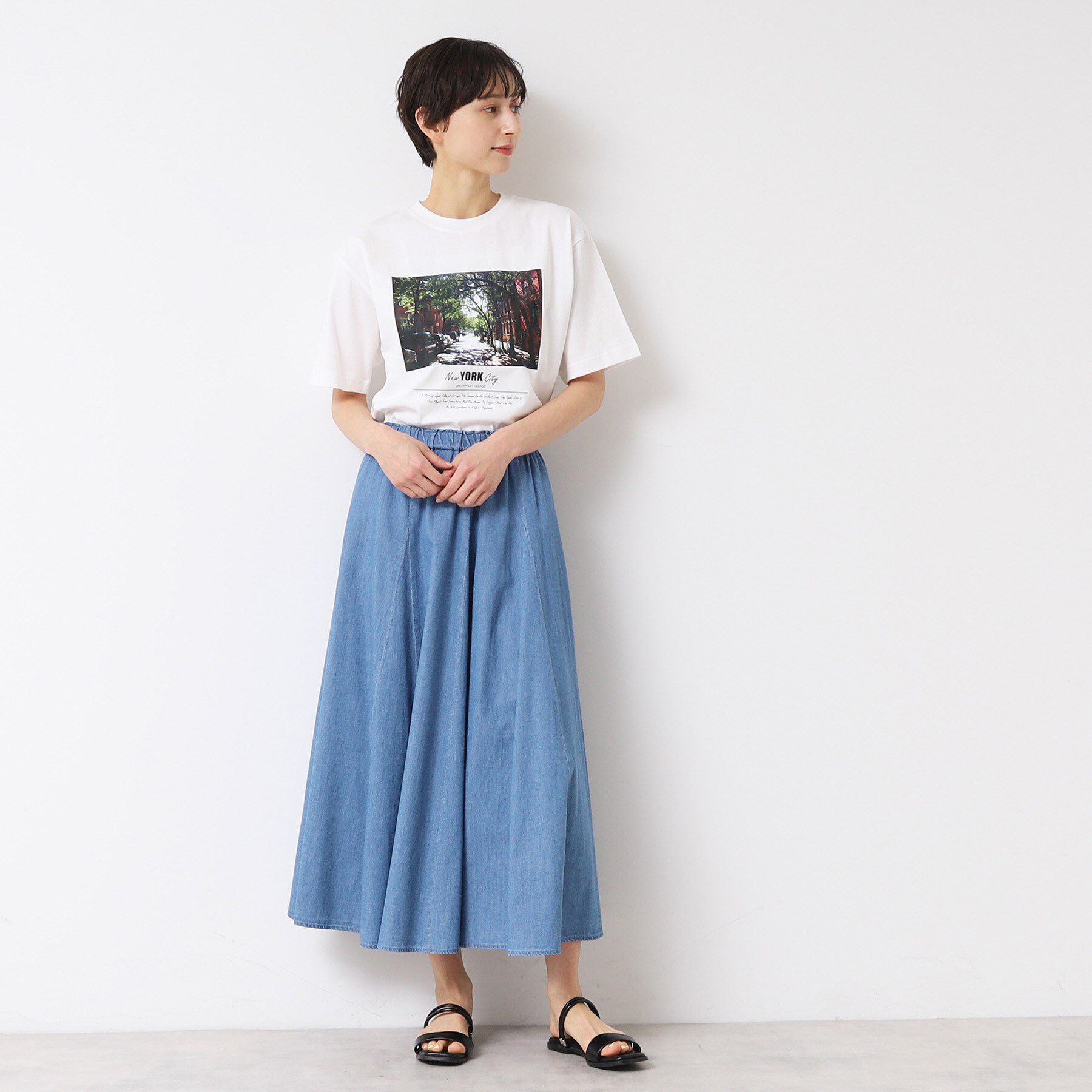Dessin「【ウエストゴム・洗える】綿麻デニムフレアースカート」|スカート|