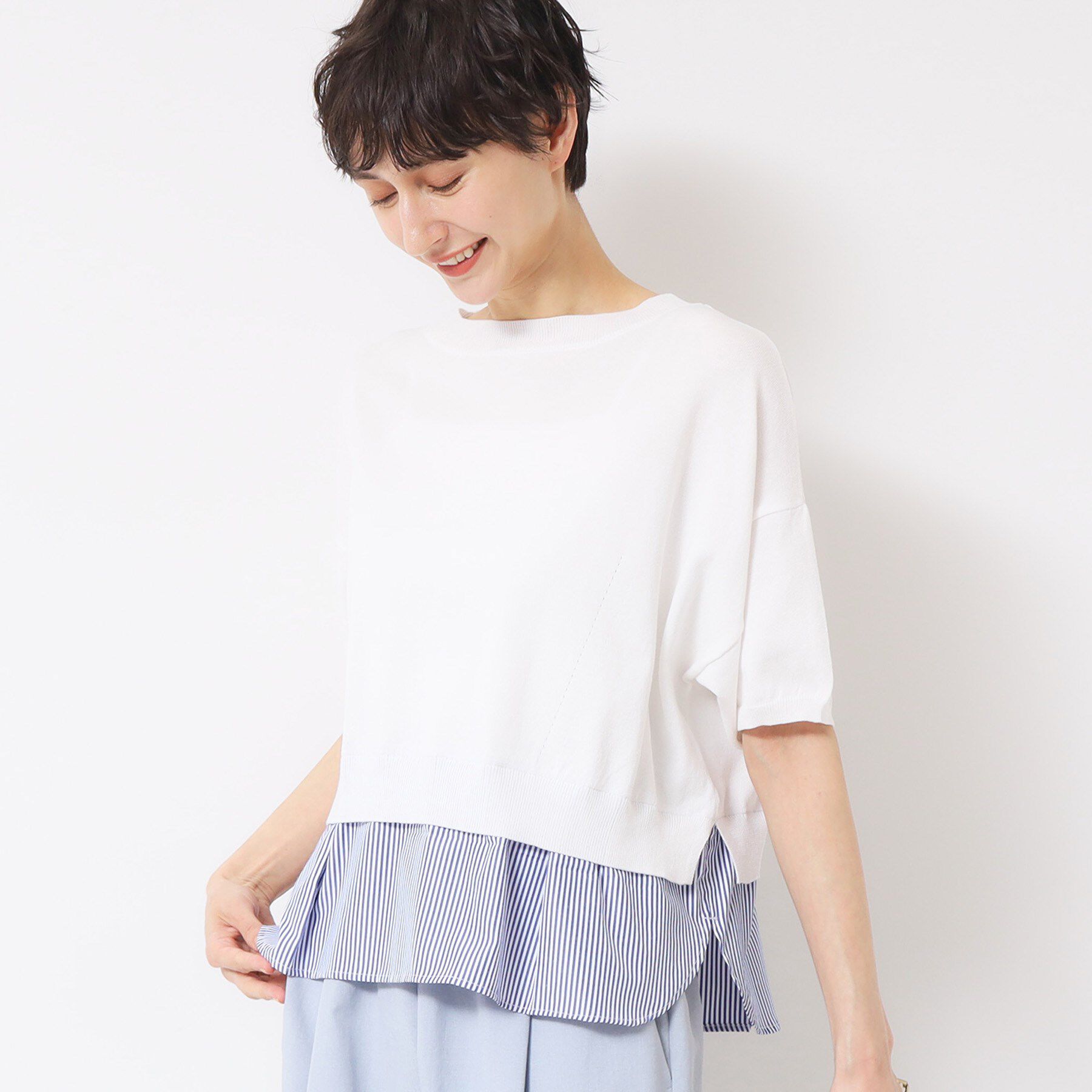 Dessin「【洗える】シャツレイヤード風五分袖ニット」|ニット・セーター|ホワイト(502)