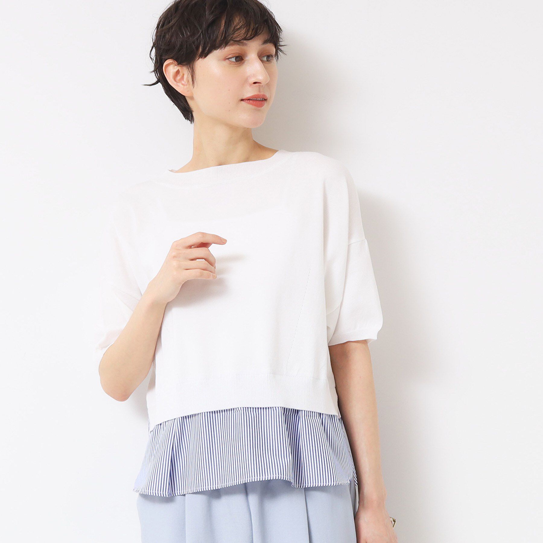 Dessin「【洗える】シャツレイヤード風五分袖ニット」|ニット・セーター|