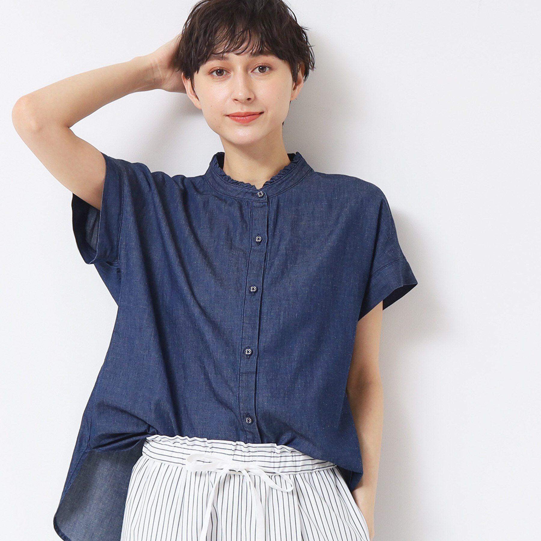 Dessin「【洗える】リネンブレンドデニムフリルシャツ」|シャツ・ブラウス|