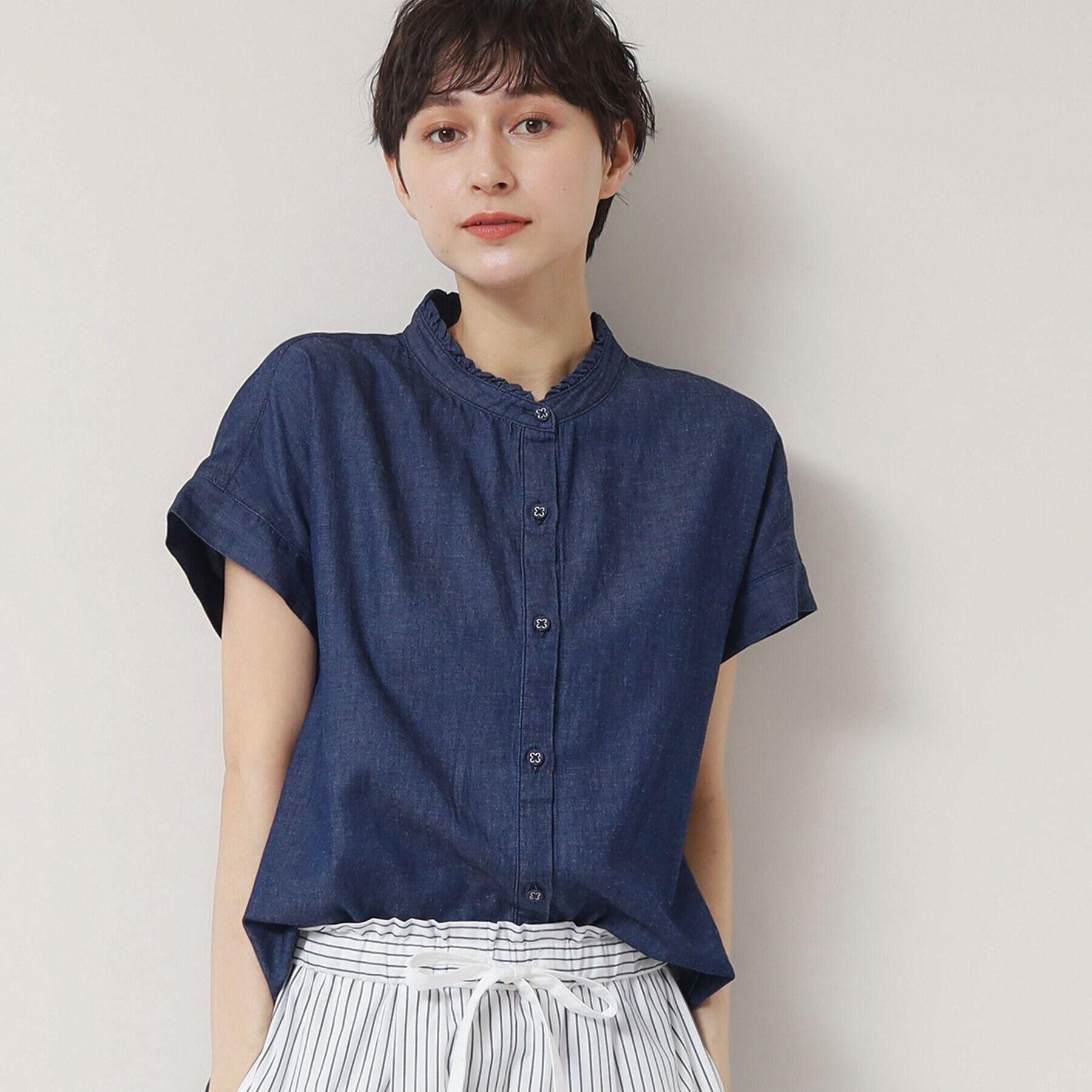 Dessin「【洗える】リネンブレンドデニムフリルシャツ」|シャツ・ブラウス|ネイビー(094)