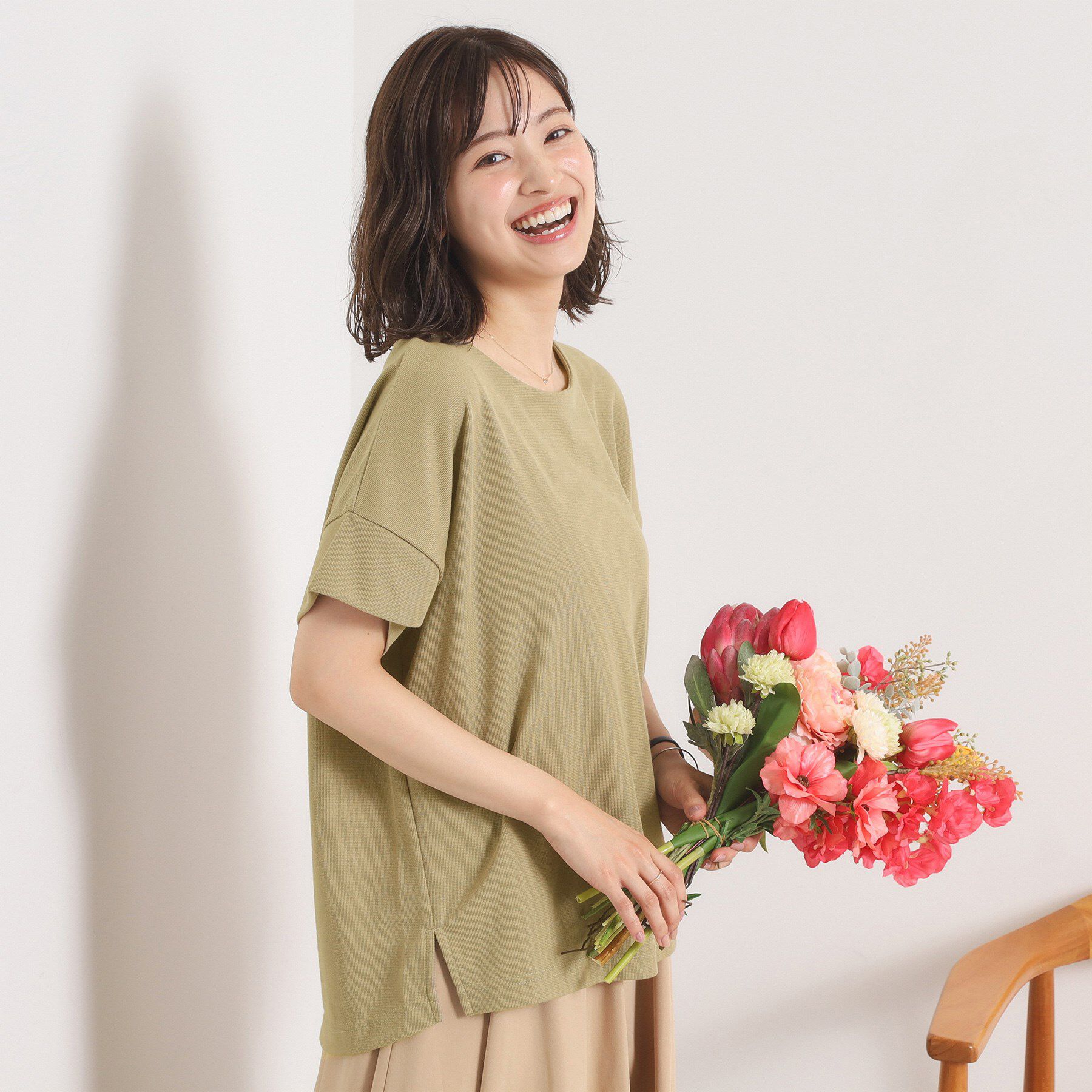 ITS&rsquo;DEMO「【接触冷感／吸水速乾／洗濯機OK】サカリバ袖タックプルオーバー」|Tシャツ・カットソー|オリーブグリーン(0