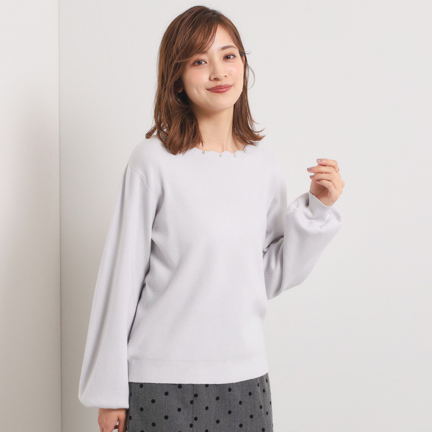 ITS&rsquo;DEMO「【手洗い可】スカラップパール調ラメニット」|ニット・セーター|ライトグレー(011