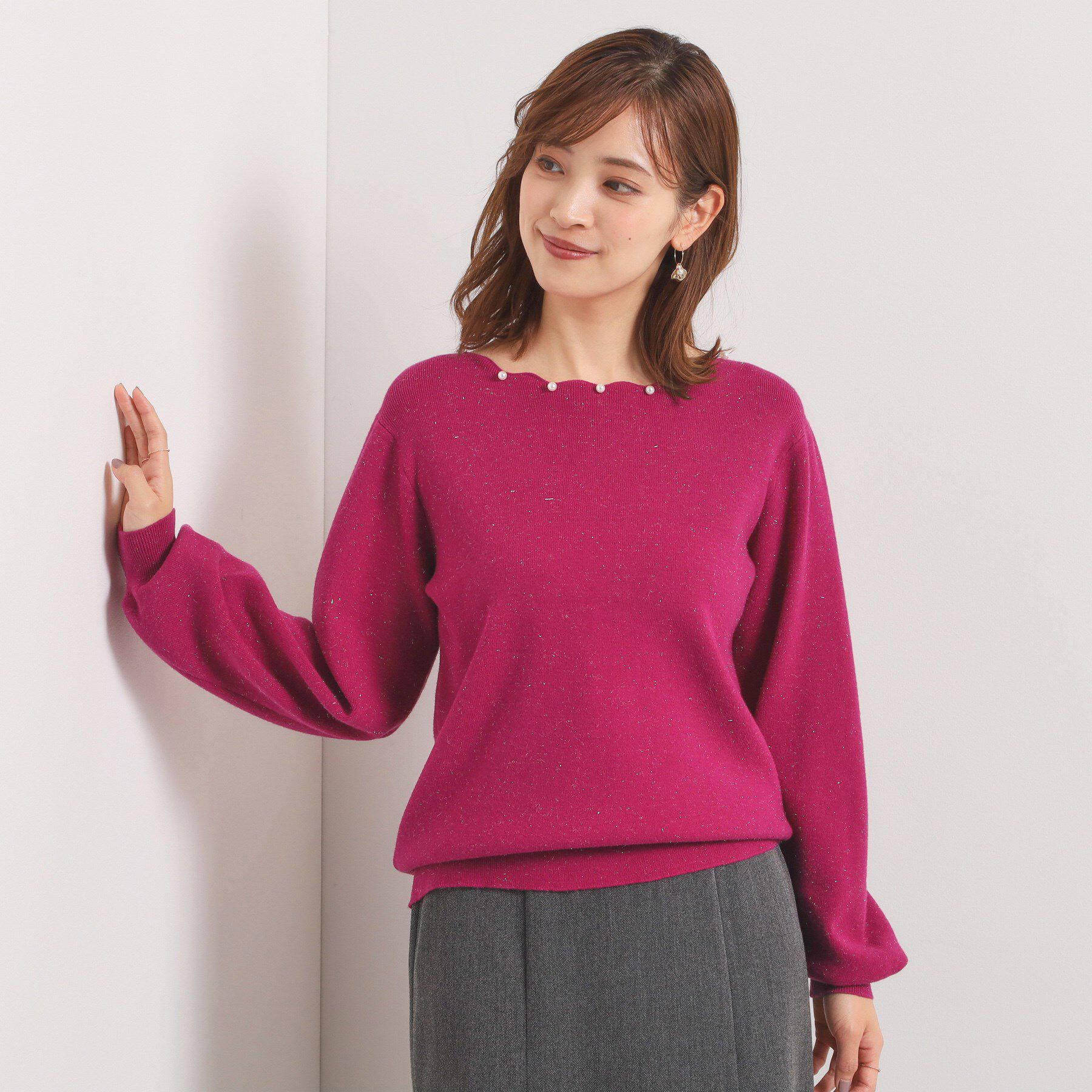 ITS&rsquo;DEMO「【手洗い可】スカラップパール調ラメニット」|ニット・セーター|ピンク(073)