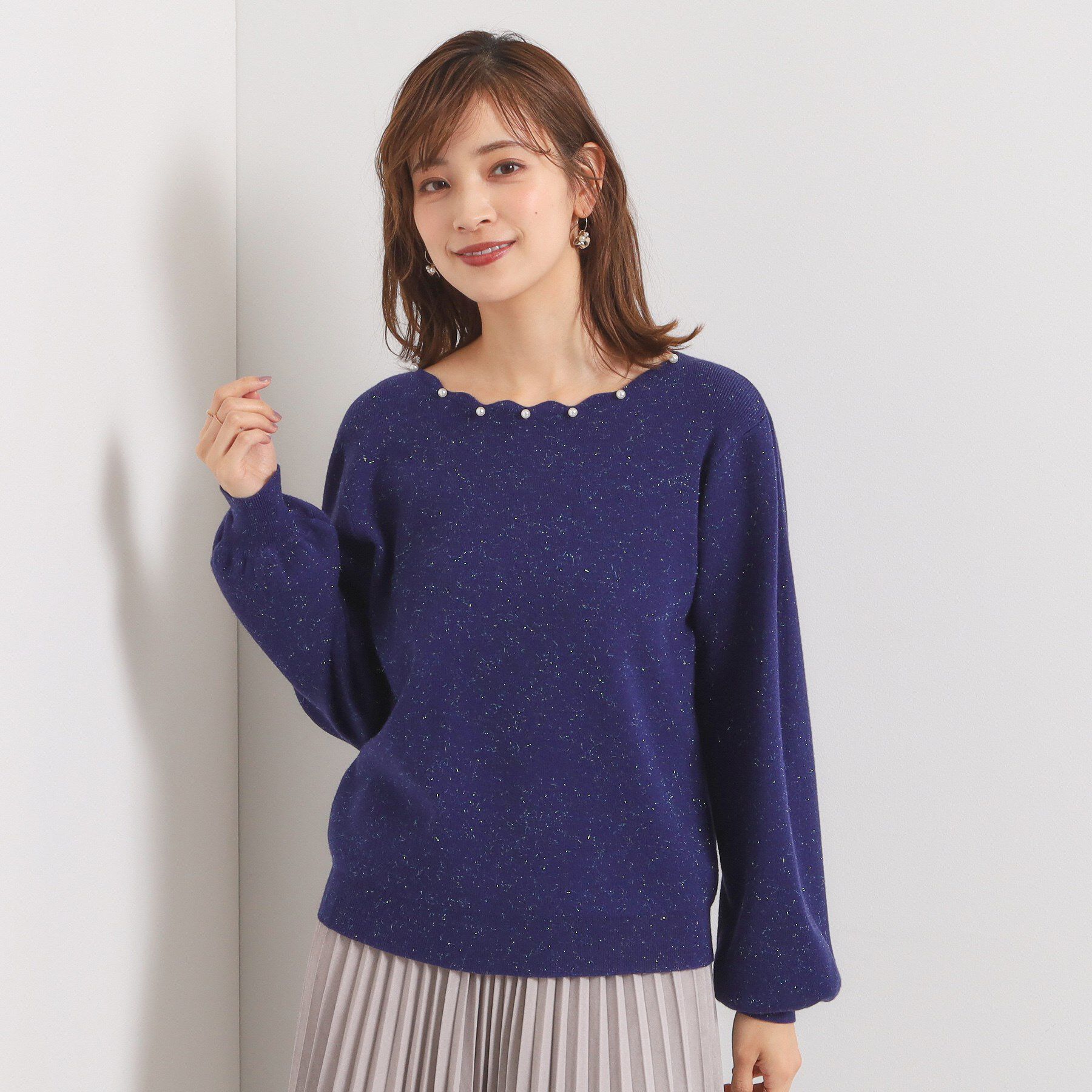 ITS&rsquo;DEMO「【手洗い可】スカラップパール調ラメニット」|ニット・セーター|ネイビー(094)