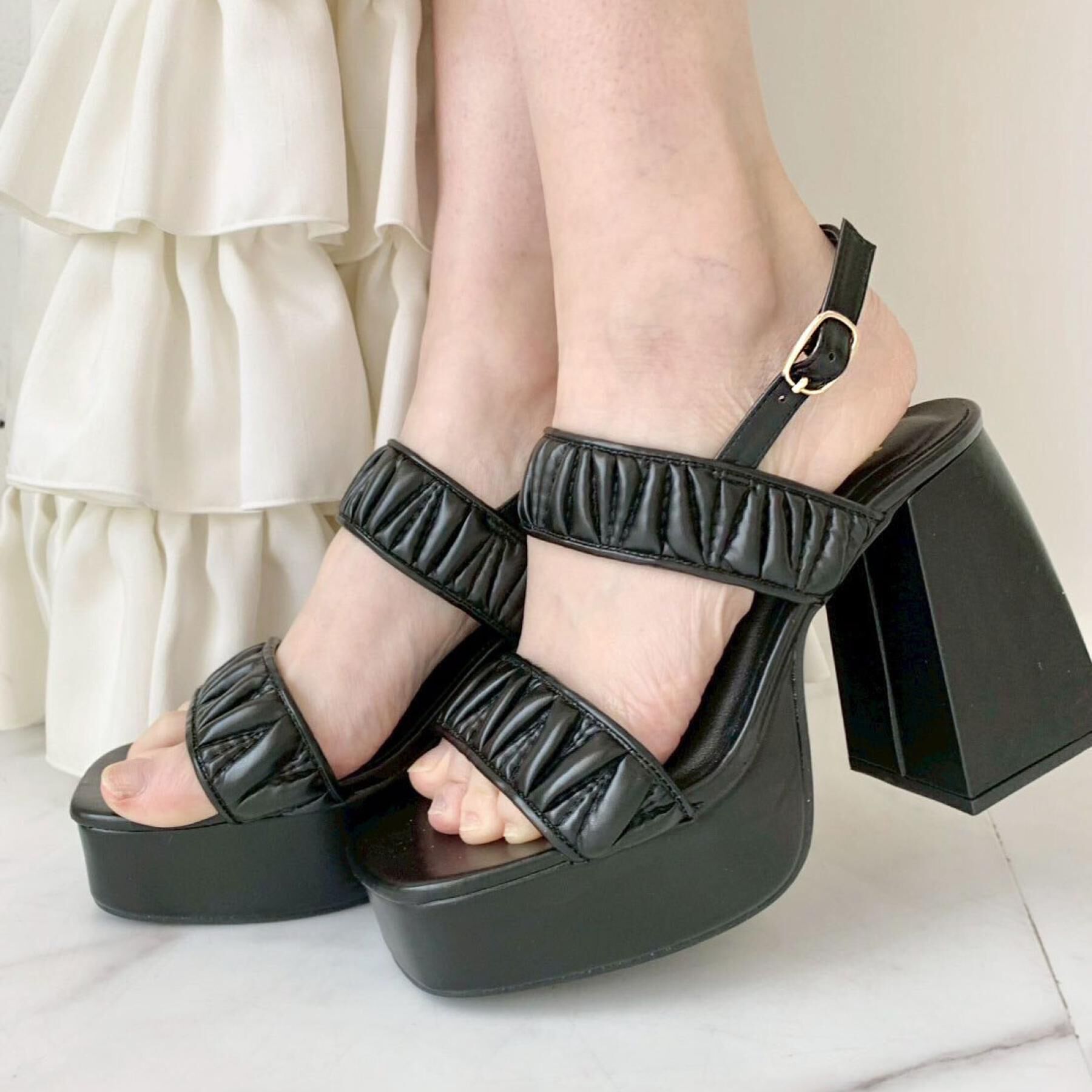 csT&P「ギャザーダブルベルト チャンキーヒールサンダル」|サンダル|