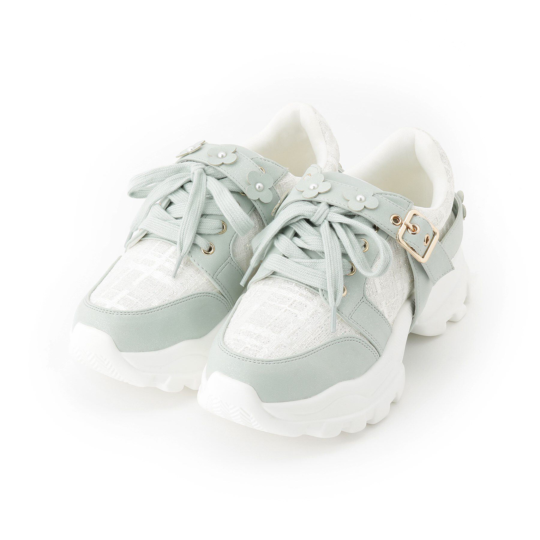 ESPERANZA「ツイード風フラワーベルト厚底スニーカー」|スニーカー|ミントグリーン(92