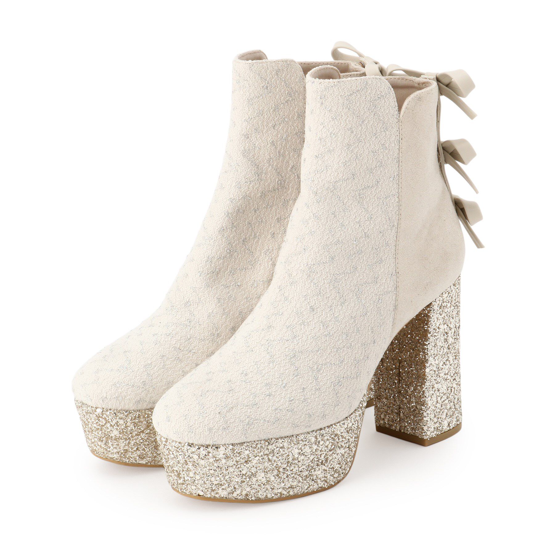 ESPERANZA「【ラク盛り/ショートブーツ】リピーター続出／脚長美脚 バックリボングリッターヒールショートブーツ」|ショートブーツ|