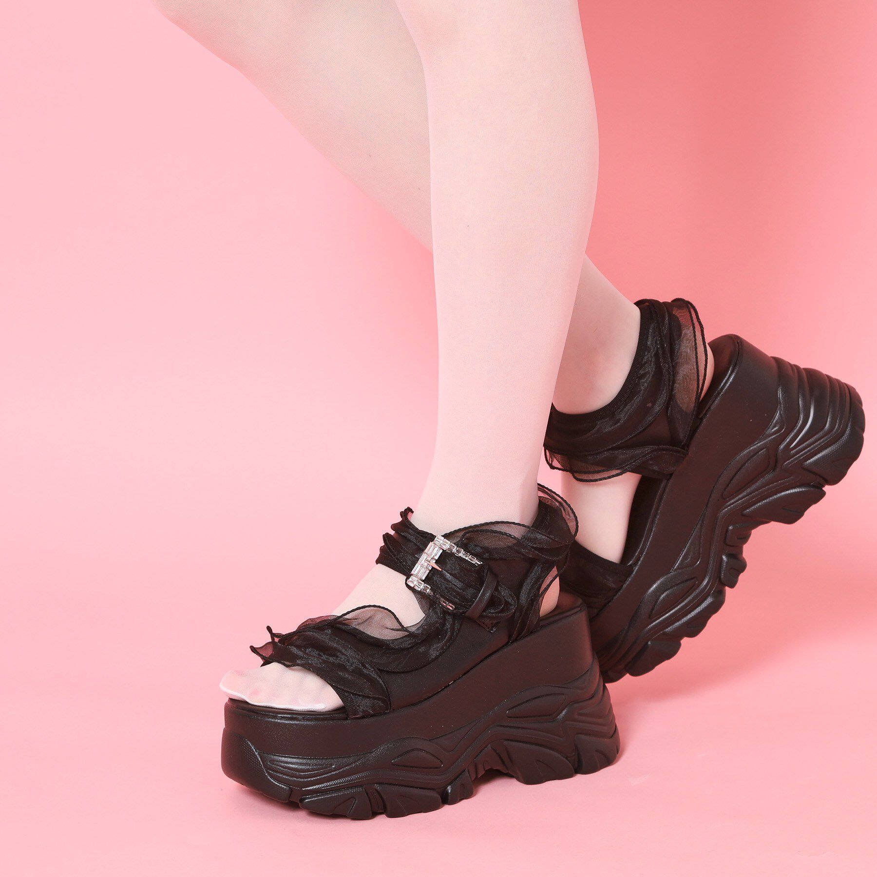 csT&P「厚底ダブルソールシフォンサンダル」|サンダル|ブラック(019)